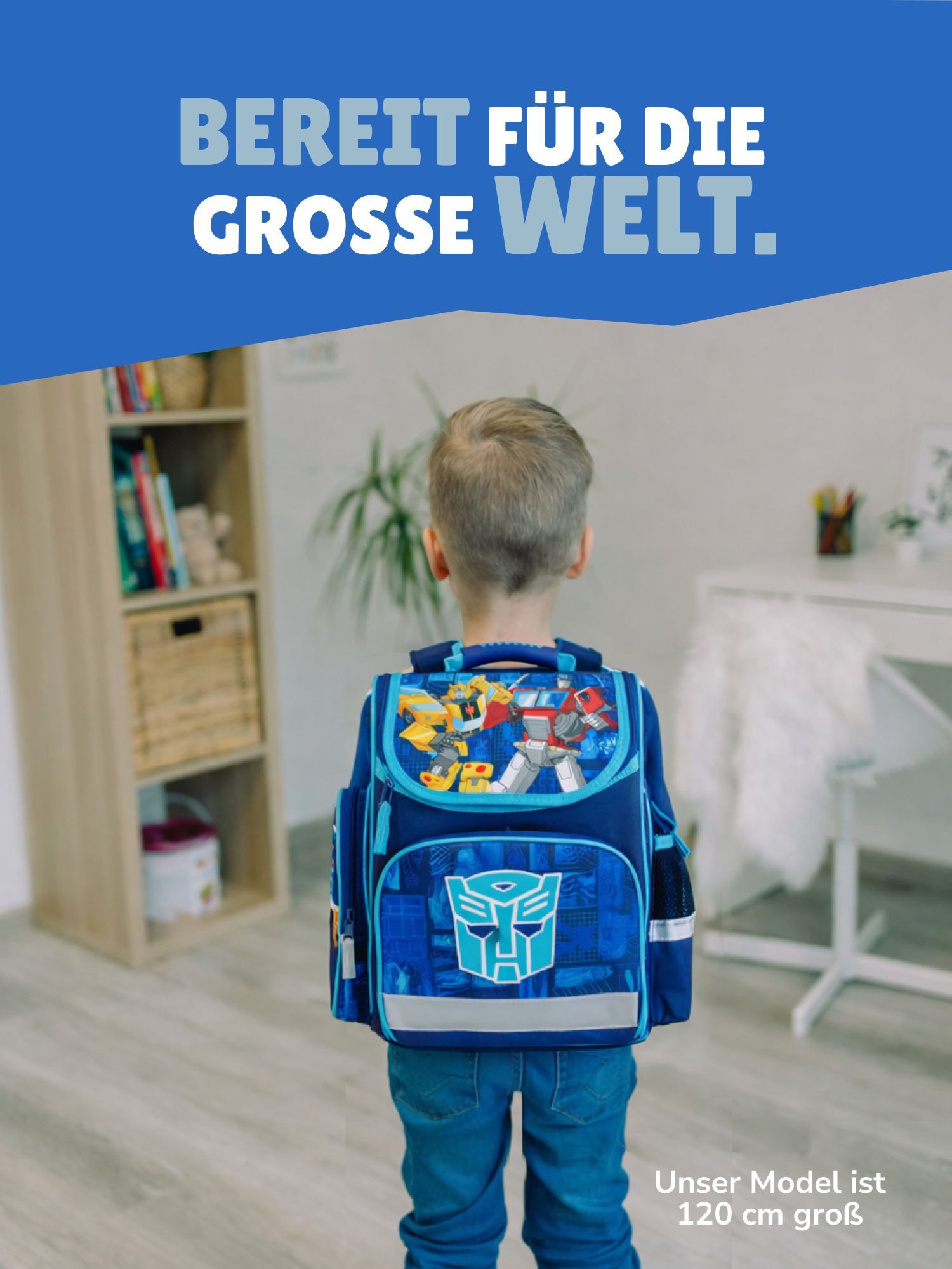 Familando Schulranzen Transformers 1.-4. Klasse ergonomisch, leicht, Volumen 15 Liter (Set, 10-tlg., inkl. Sporttasche und Schultüte / Zuckertüte 85cm), Transformers Bumblebee & Optimus Prime Motiv