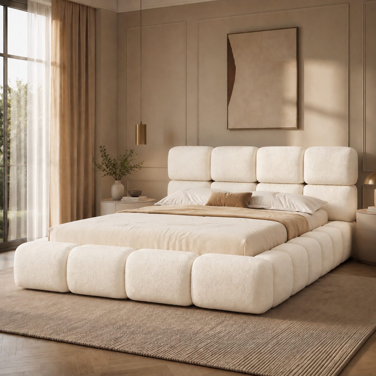Celya Polsterbett Doppelbett mit Lattenrost und gepolstertes Kopfteil, Weiß Bouclé-Stoff (ohne Matratze, Wolkenbett, Bubble Design)