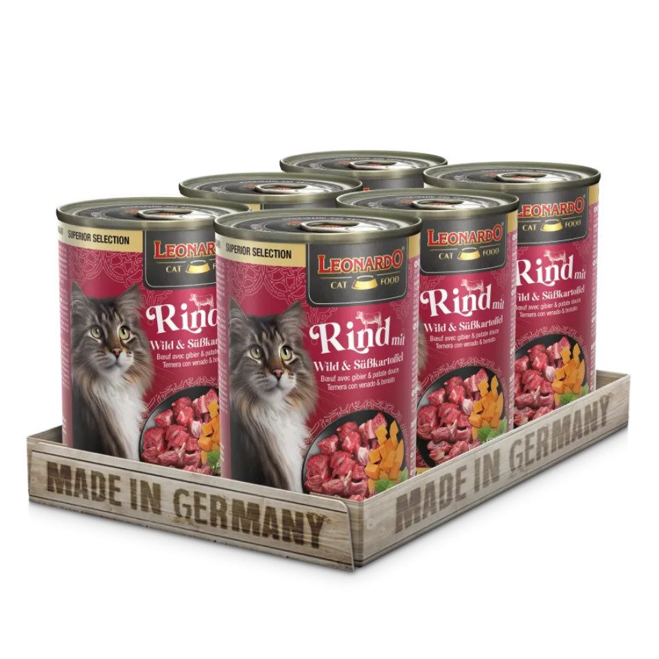 Leonardo Catfood Rind mit Wild & Süßkartoffel - getreidefreies Nassfutter 6x400g, Nassfutter für: Katzen