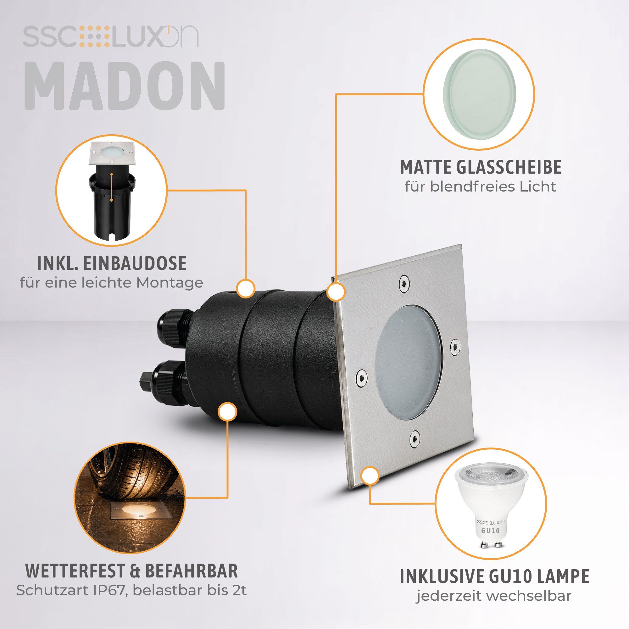 SSC-LUXon LED Pollerleuchte Bodeneinbaustrahler MADON IP67 LED GU10 2W warmweiß Gartenspot Leuchte, Neutralweiß, Warmweiß, Tageslichtweiß