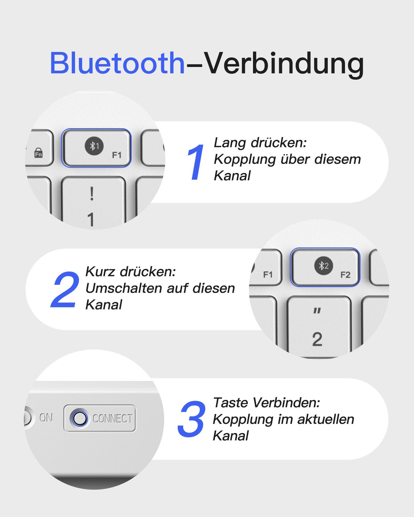 Inateck für iPad Pro/Air/Mini/Windows/Android/IOS, Ergonomisches Design Wireless-Tastatur (Ultraslim, Vergrößerte Tastenkappen, 3 Bluetooth)