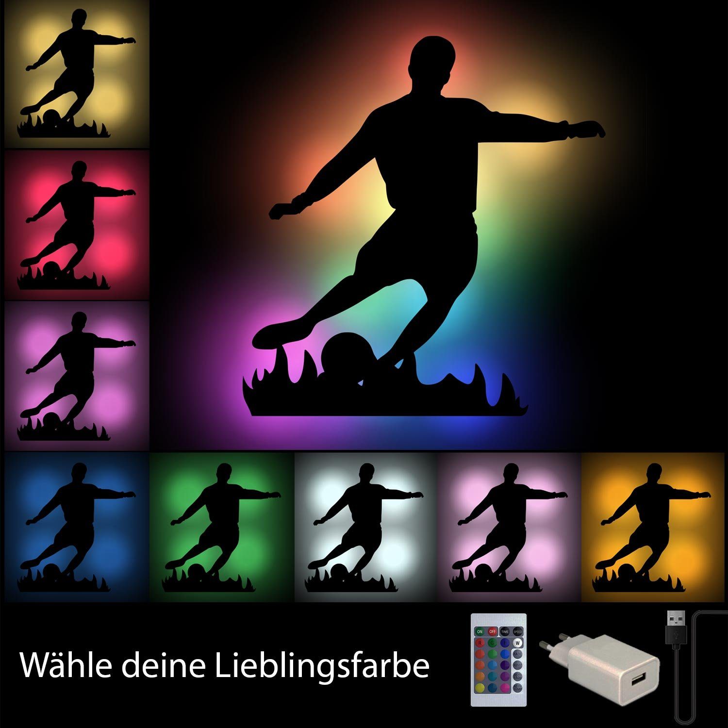 Farbwechsler, Wand Lampe fest Dekoration 'Fußball LED Spieler' integriert, Wandleuchte Fußballer Namofactur LED Holz Wanddeko, RGB aus Weiß