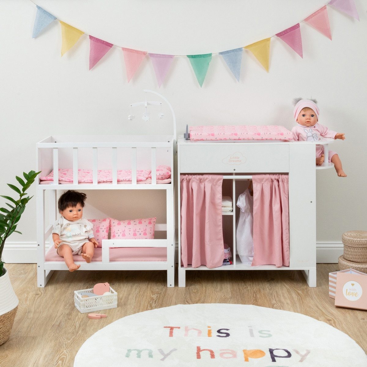 ELLA & PIET® Puppen Pflegecenter Großes Puppenpflegecenter NURSERY 6in1 aus Holz (Weiß-Rosa), Puppencenter