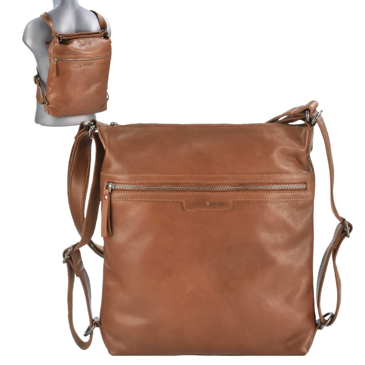 Soft Schultertasche 2in1 Rucksack zu oder Washed, cognac Umhängetasche als mit Funktion, tragen Greenburry Tasche