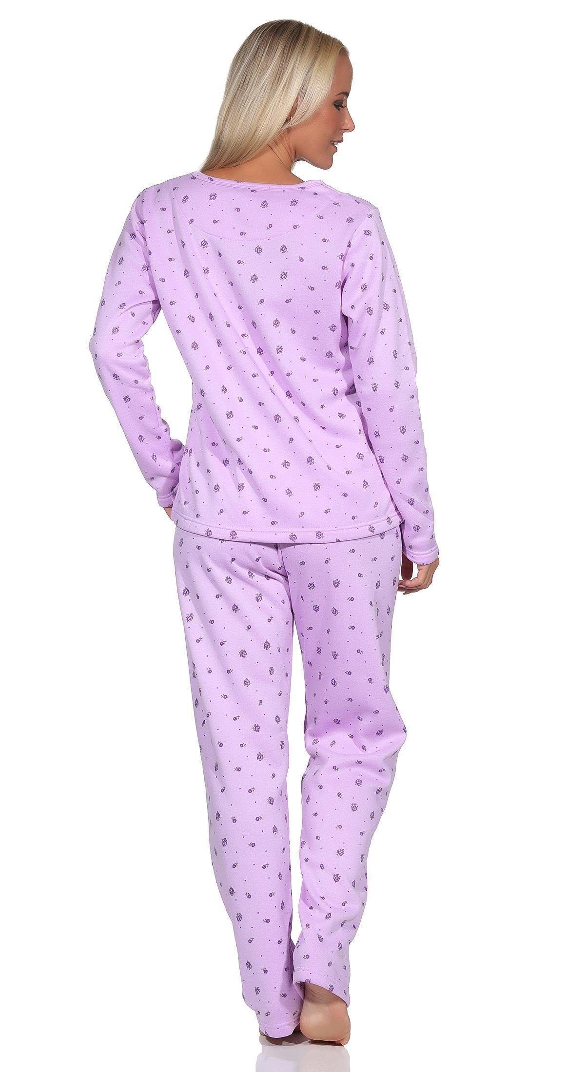 Schlafanzug, Damen Pyjama L 2XL Thermo Gr. tlg) XL Pyjama M Winter (2 Flieder EloModa zweiteiliger