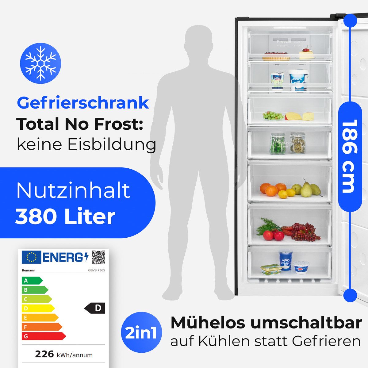 BOMANN Gefrierschrank GSVS 7365, 185.5 cm hoch, 71 cm breit, Gefrierschrank, 2in1 - auf kühlen umstellbar