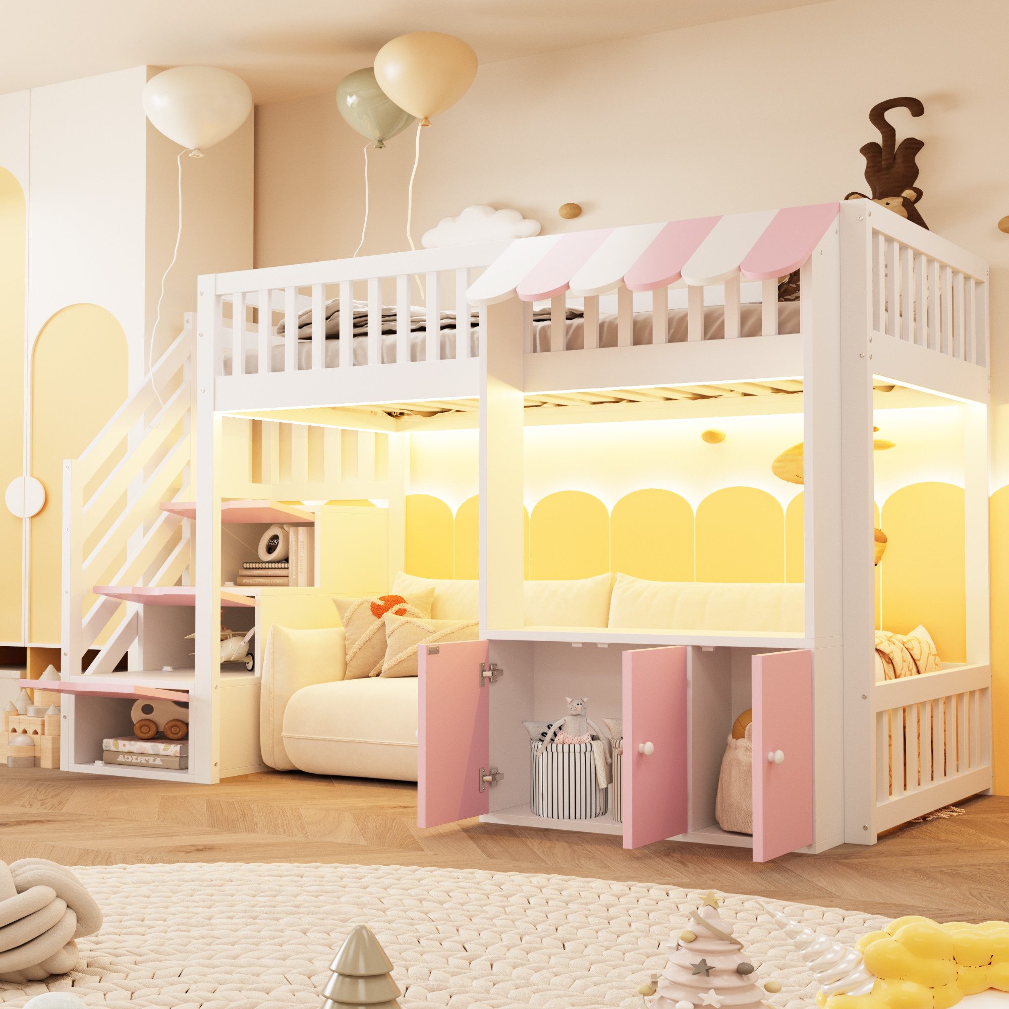 Celya Hochbett 90×200 cm, mit Stauraumtreppe, Mehrfarbiger LED-Lichtleiste (ohne Matratze, Traufendesign, Lattenrost, Einzelbett)