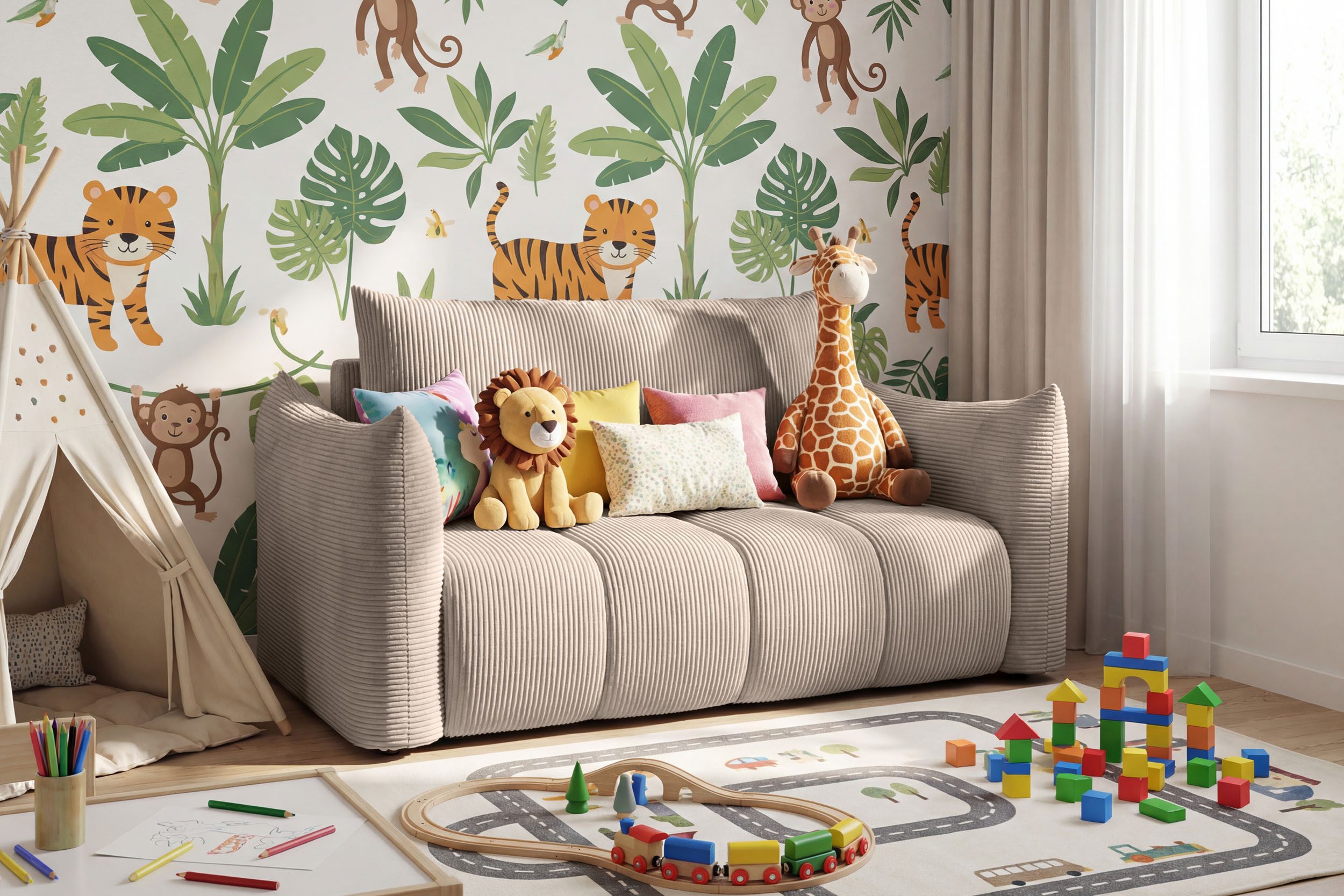 WFL GROUP Kindersofa Lilo Jugendsofa mit Schlaffunktion & Bettkasten, Schlaffläche 120 × 150 cm, 2-Sitzer, kleine Couch aus weichem Cordstoff fürs Jugendzimmer