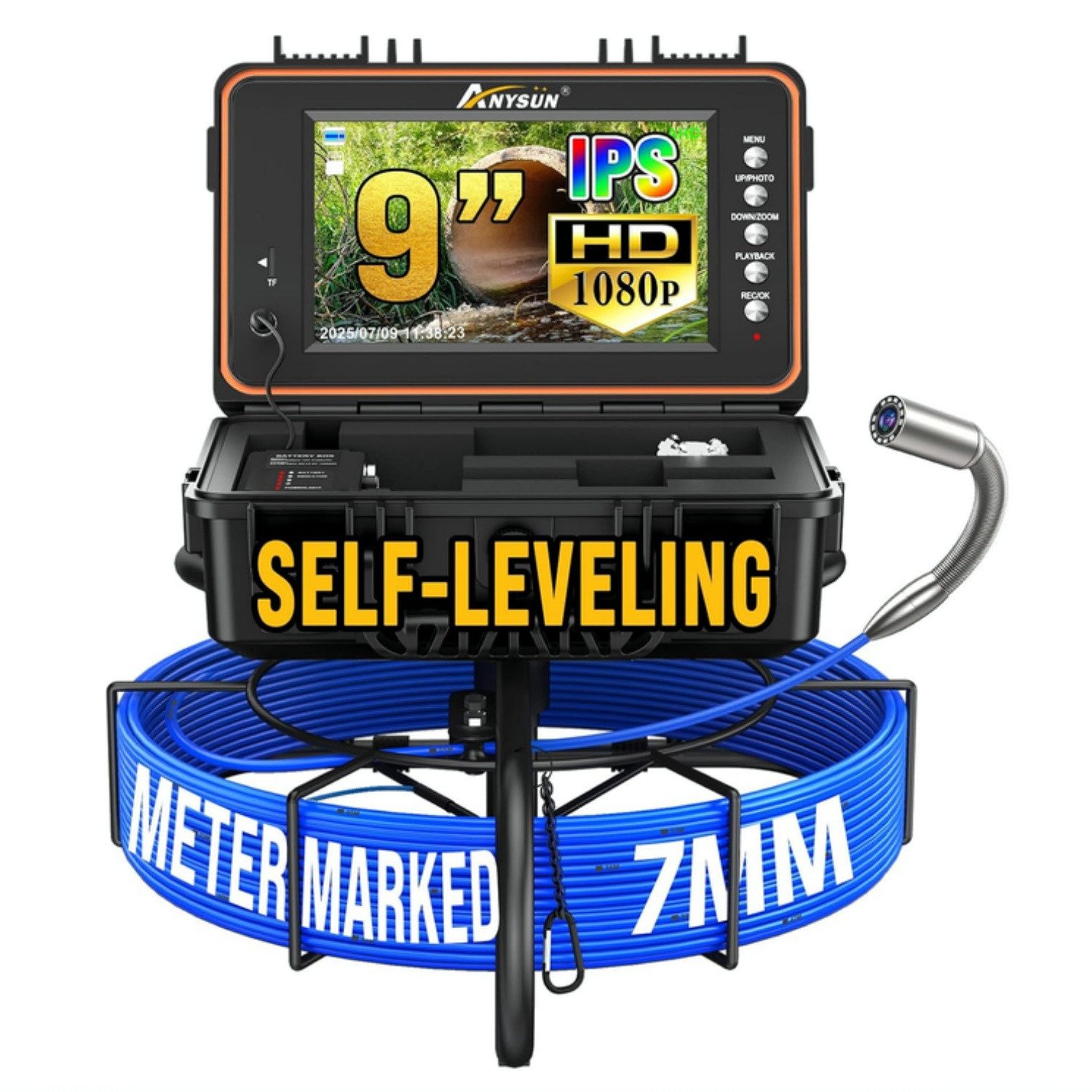 ANYSUN Rohrkamera 30/50 m, 1080P Endoskopkamera, Self-Leveling, 9-Zoll IPS Inspektionskamera (HD, Endoskop, Ladegerat, Anschlusskabel, mit Selbstnivellierung & 5100mAh wiederaufladbarer Batterie)