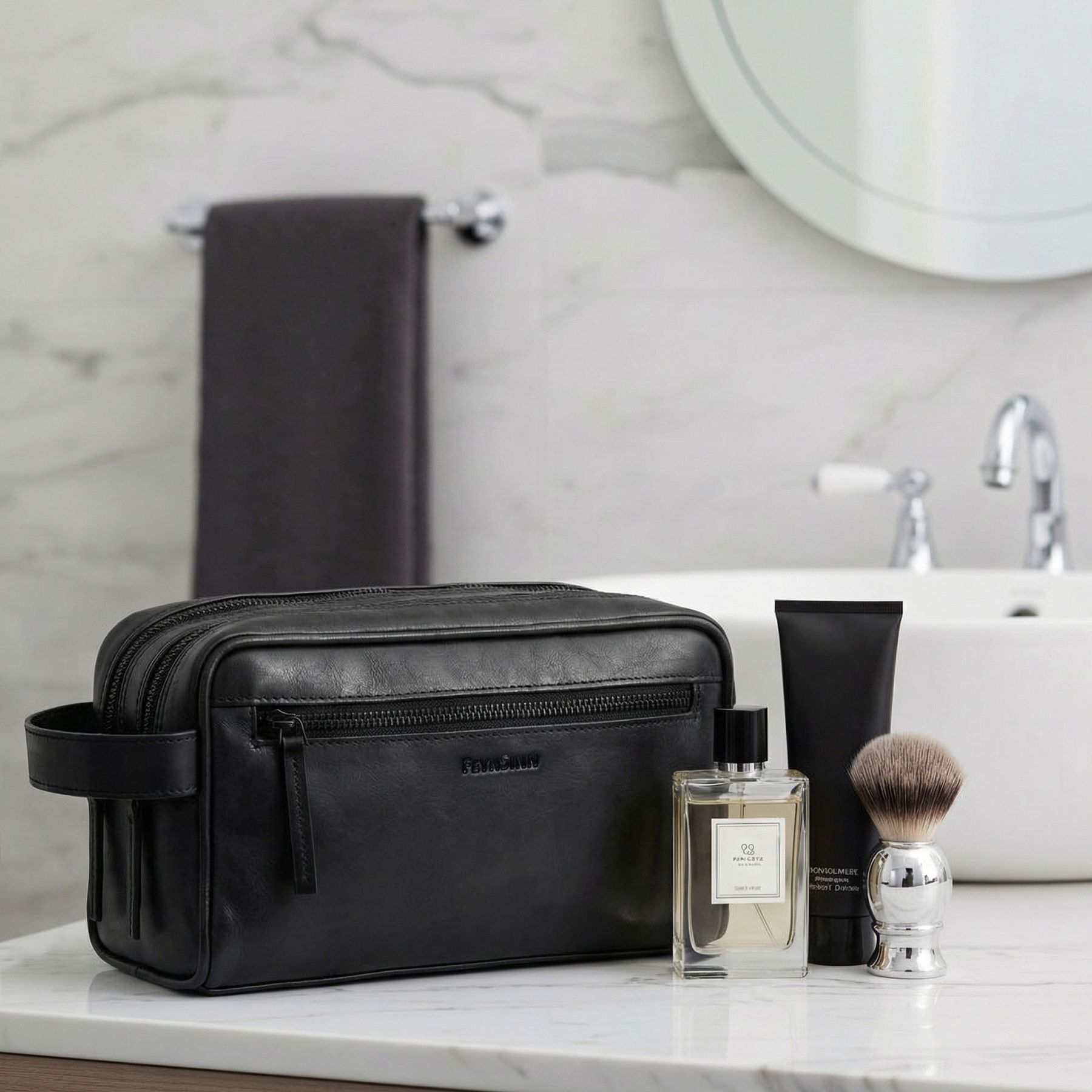FEYNSINN Kosmetiktasche echt Leder Kulturtasche groß schwarz FRIIS, Waschbeutel Echtleder für Herren, Kosmetiktasche, Waschtasche schwarz