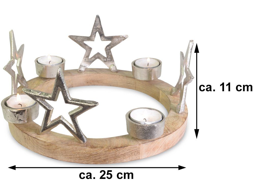 RIFFELMACHER & WEINBERGER Adventskranz Kerzenhalter mit Sternen für Teelichter Ø 25 cm 75219, Silber - Holz