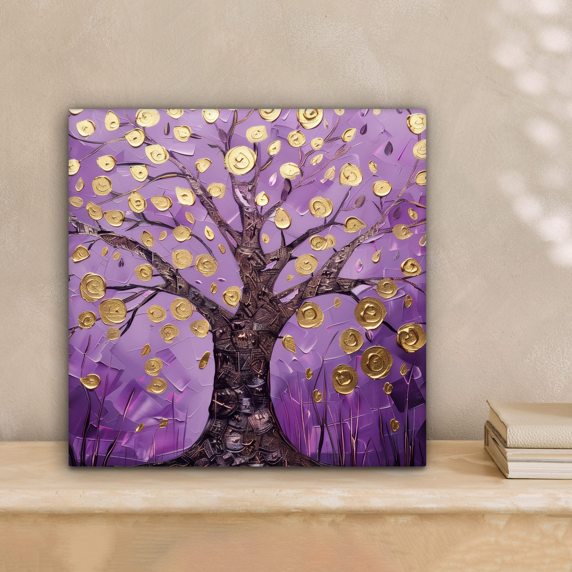 OneMillionCanvasses® Leinwandbild Baum des Lebens - Lila - Gold - Modern, Fotodruck (1 St), Wandbild, Deko Schlafzimmer Wohnzimmer Flur 20x20 cm