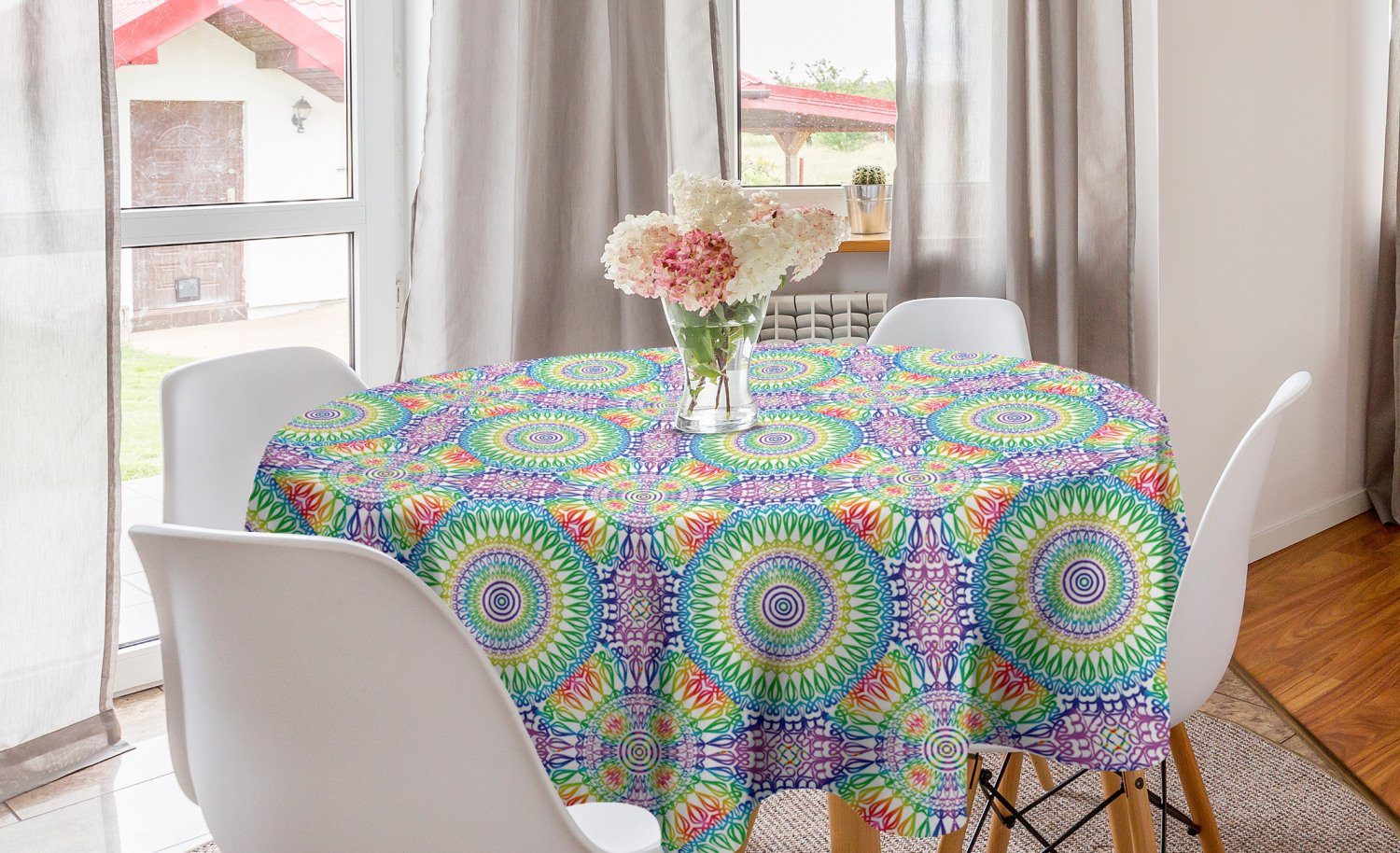 Abakuhaus Tischdecke Kreis Tischdecke Abdeckung für Esszimmer Küche Dekoration, Retro Hippie Ethnische Mandala Rainbow | Tischdecken