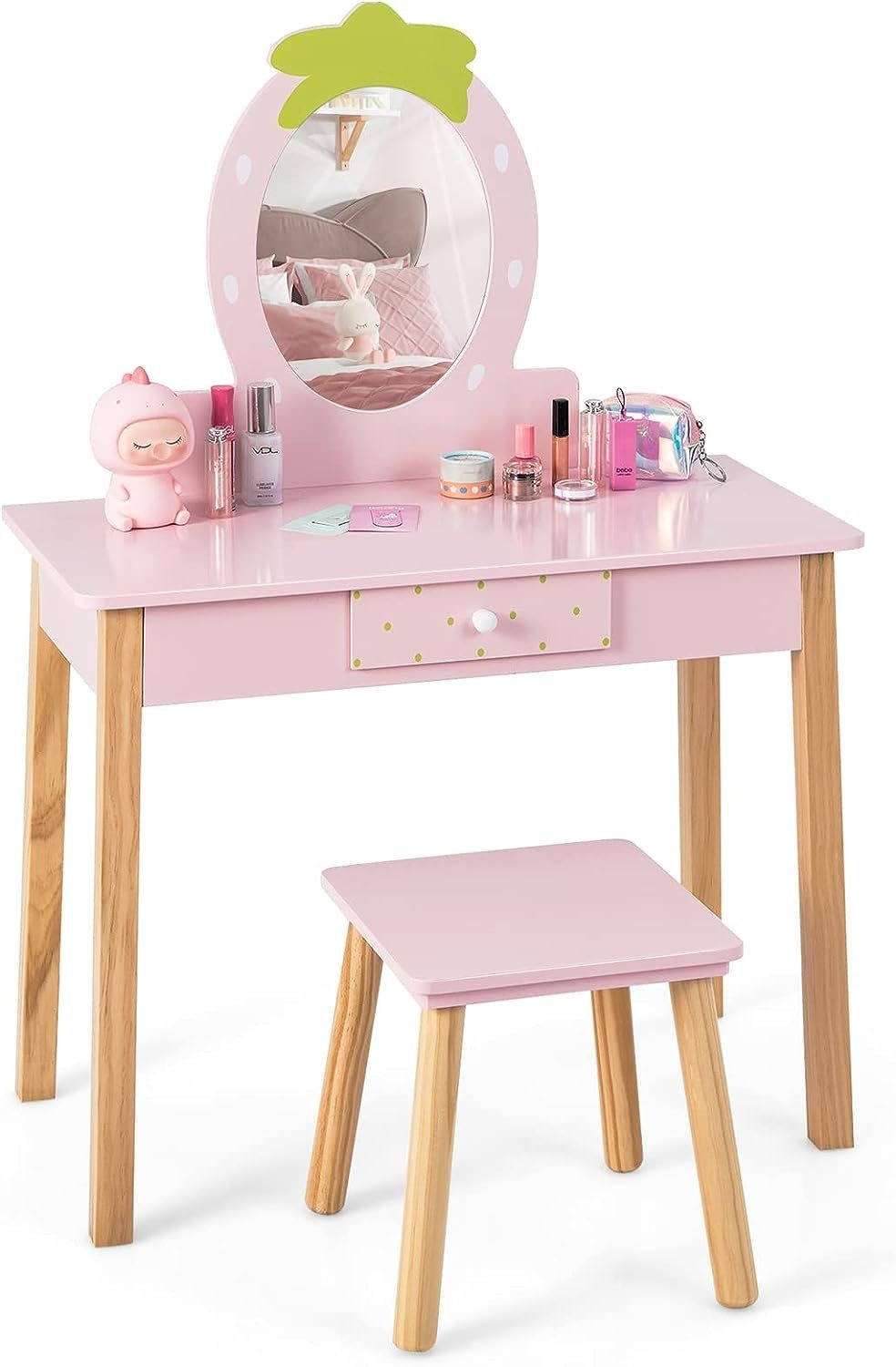 KOMFOTTEU Schminktisch Kinder (Set), mit Spiegel und Hocker, Der rosa Look  und das erdbeerförmige Design werden von Mädchen geliebt