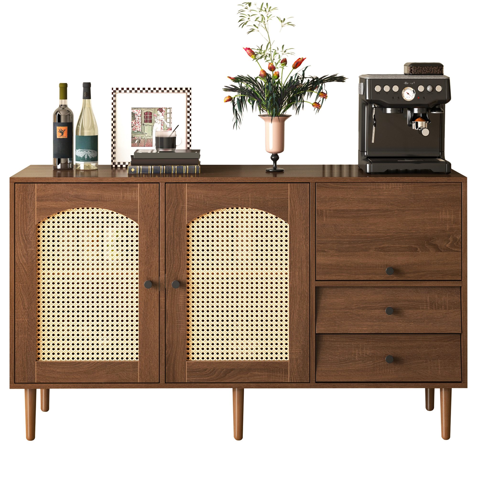 Merax Sideboard Buffet Rattan mit 3 Türen und 2 Schubladen, Antik,Landhaus Stil, Kommode aus Holz und Rattan,B/H/T:130/76/41 cm