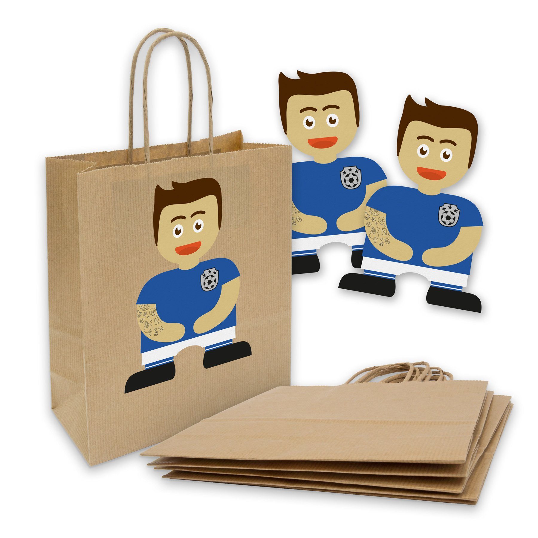 itenga Geschenkpapier Griff Sticker SET 6x Blau mit itenga + Papiertüten Kordel Fußballbande