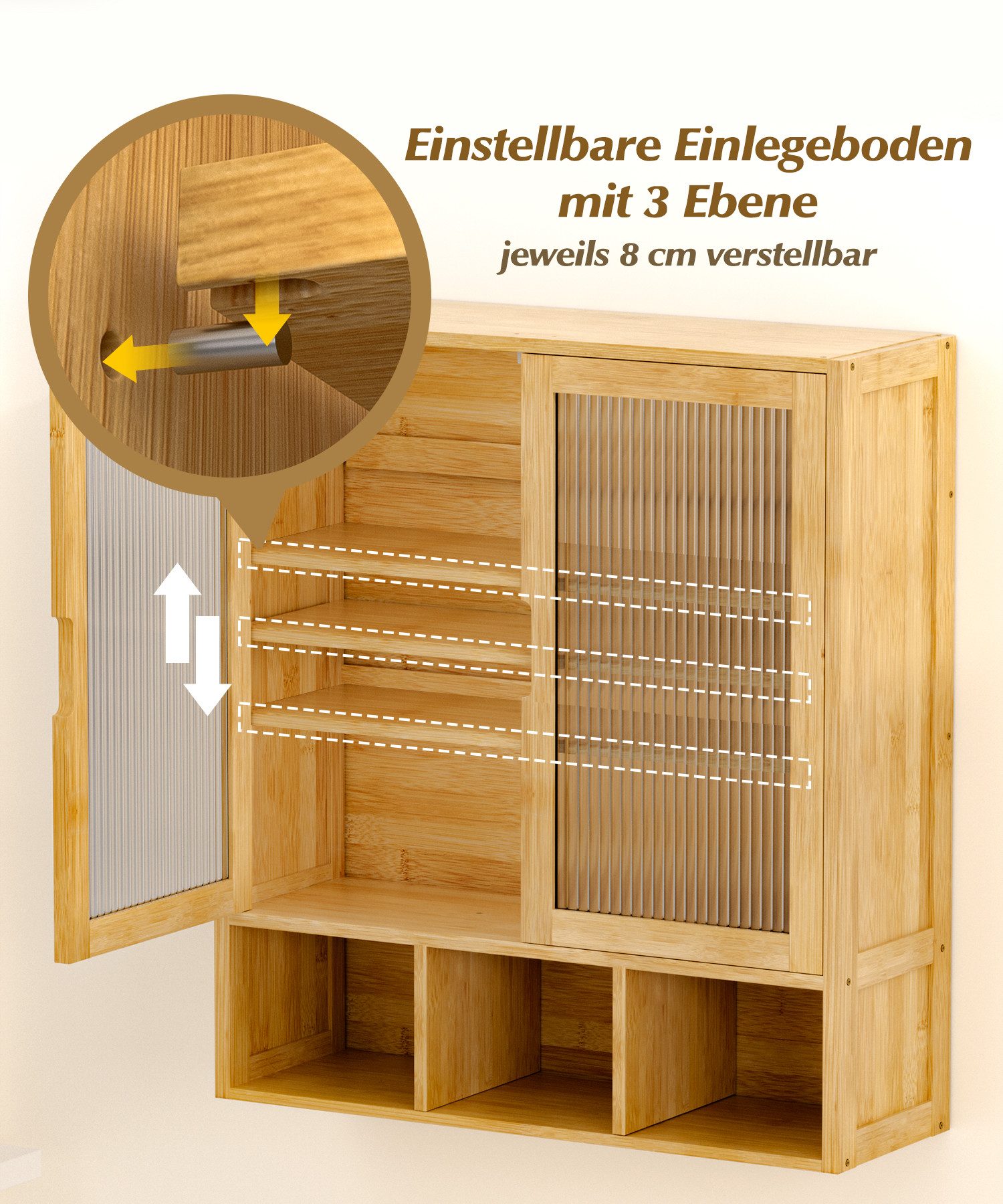Yorbay Hängeschrank Bambus Badezimmerschrank (59x22x66 cm, Magnetverschluss & verstellbare Regale) Wandschrank mit Doppeltüren