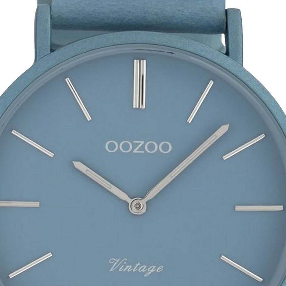 OOZOO Quarzuhr Oozoo Damen Armbanduhr hellblau, Damenuhr rund, groß (ca.  44mm) Lederarmband, Fashion-Style
