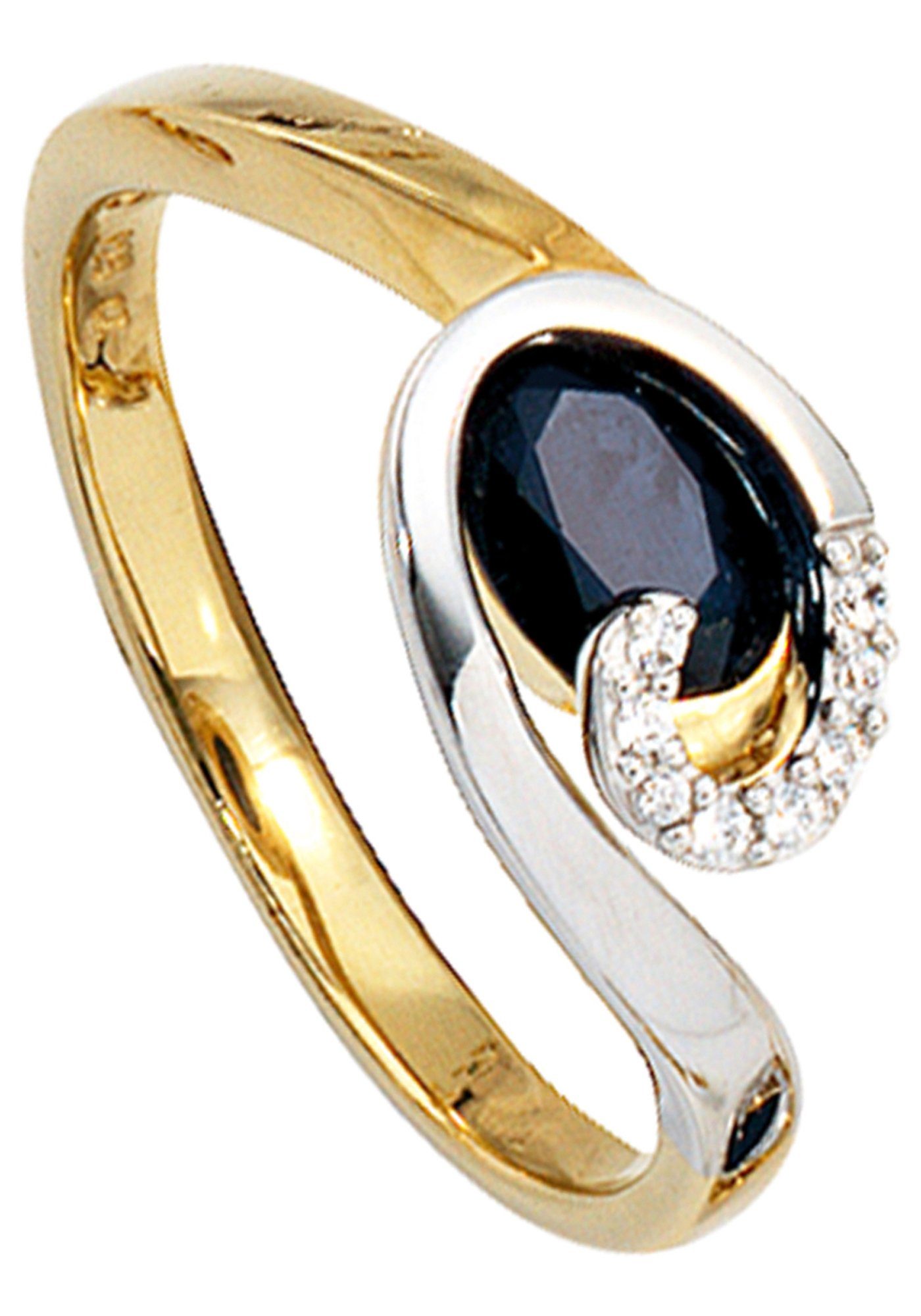 JOBO Diamantring Saphir-Ring mit 8 Diamanten, 14 Karat 585 Gelbgold Weißgold