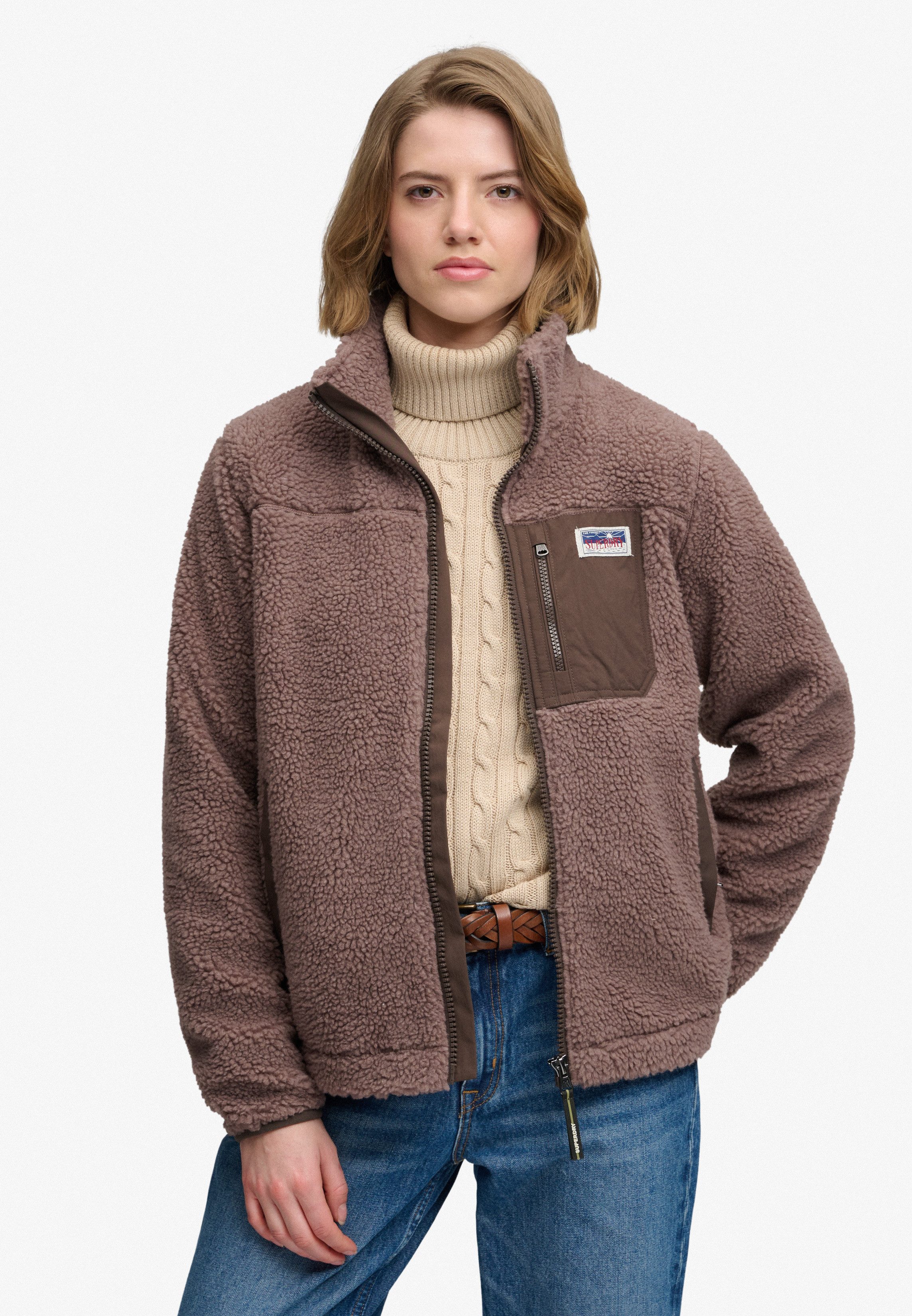 Superdry Kapuzensweatjacke HERITAGE ZIP THROUGH FLEECE Kunstfaser, relaxed fit