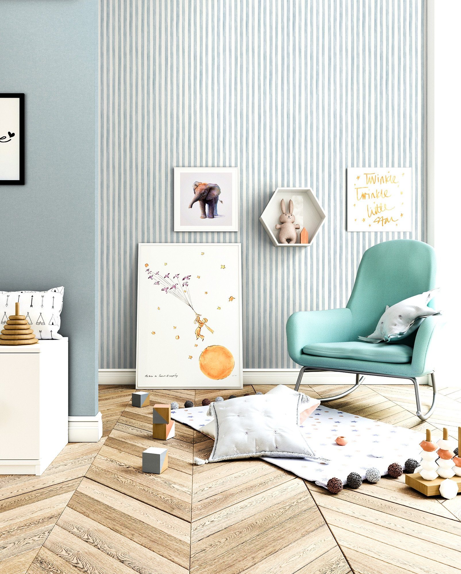 Newroom Vliestapete Stripes Blue Tapete Kindertapete Streifen,Linien,Wasserfarbe, Blau Tapete Kinder Streifen - Kindertapete Jugendtapete Blaugrau Weiß Verspielt Landhaus Linien Wasserfarbe für Kinderzimmer Jugendzimmer Babyzimmer, Jugendtapete