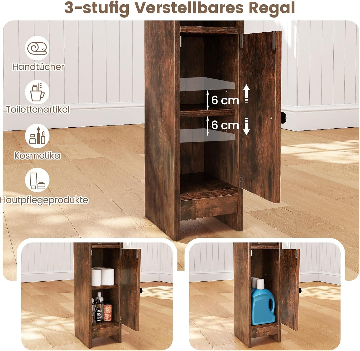 KOMFOTTEU Badregal Badezimmerschrank, Badschrank mit 3-stufig verstellbarem Regal – Bild 4 von 5