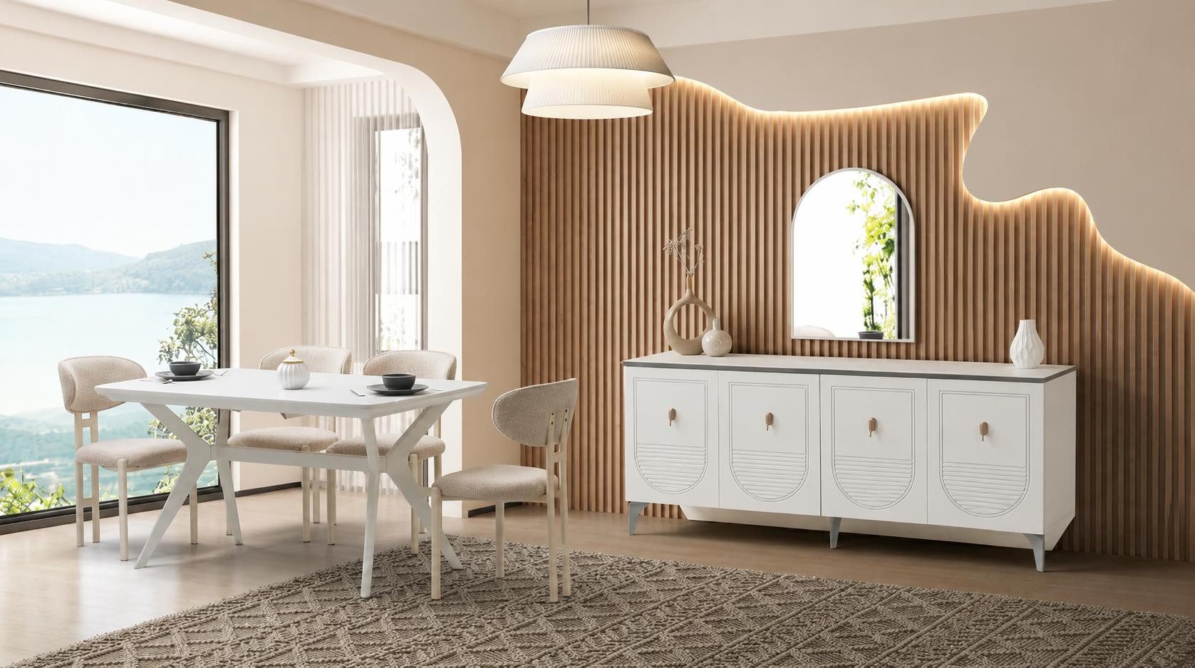 JVmoebel Esszimmer-Set Esstisch 4x Stühle Sideboard Spiegel Modern Weiß, (7-St), Made in Europa