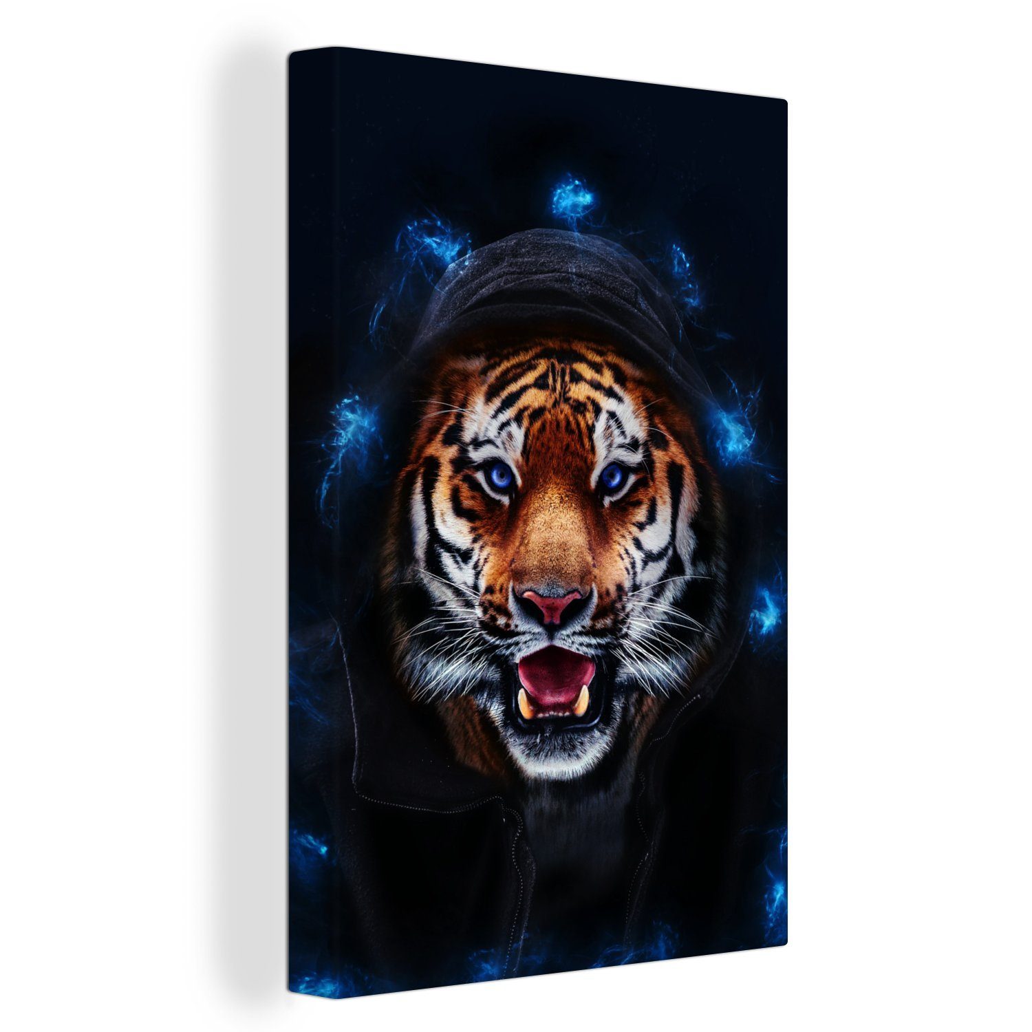 OneMillionCanvasses® Leinwandbild Porträt - Tiger - Blau, (1 St), Leinwandbild fertig bespannt inkl. Zackenaufhänger, Gemälde, 20x30 cm