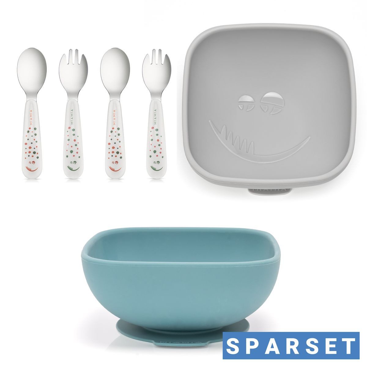 MiaMia Besteck-Set Petrol / Hellgrau, Silikon, Kinder Esslern Set 2 Silikon Schalen und Besteck (2 Löffel & 2 Gabeln)