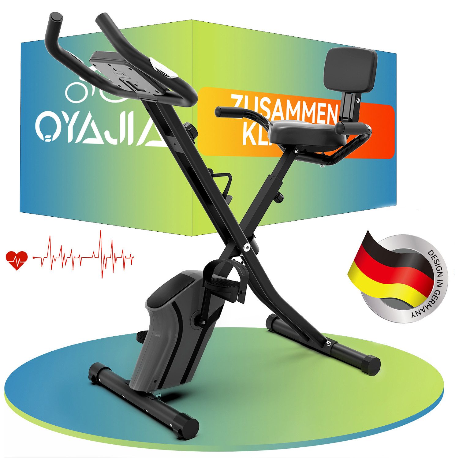 oyajia Heimtrainer Klappbarer Heimtrainer Fahrrad mit Rückenlehne, 8 Widerstandsstufen (Leises Fitnessbike für Zuhause mit LCD Display und Pulsmessung, Mit Multifunktionsmonitor, Tablet-Halter und Bequemem Sitzpolster), Schnell Faltbar, Platzsparend, Komfortables Training, bis 145 kg