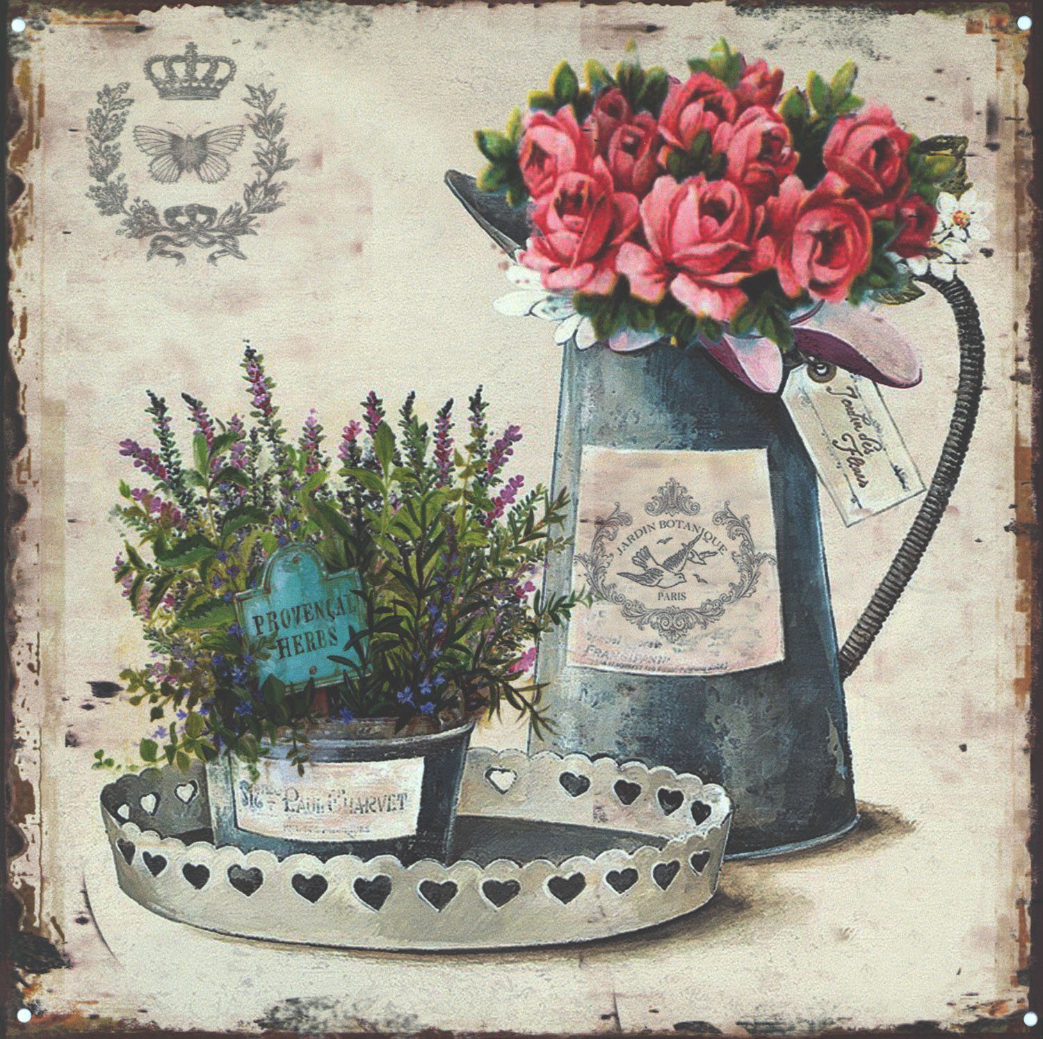 Metallschild Blechschild Rosen und Levendel