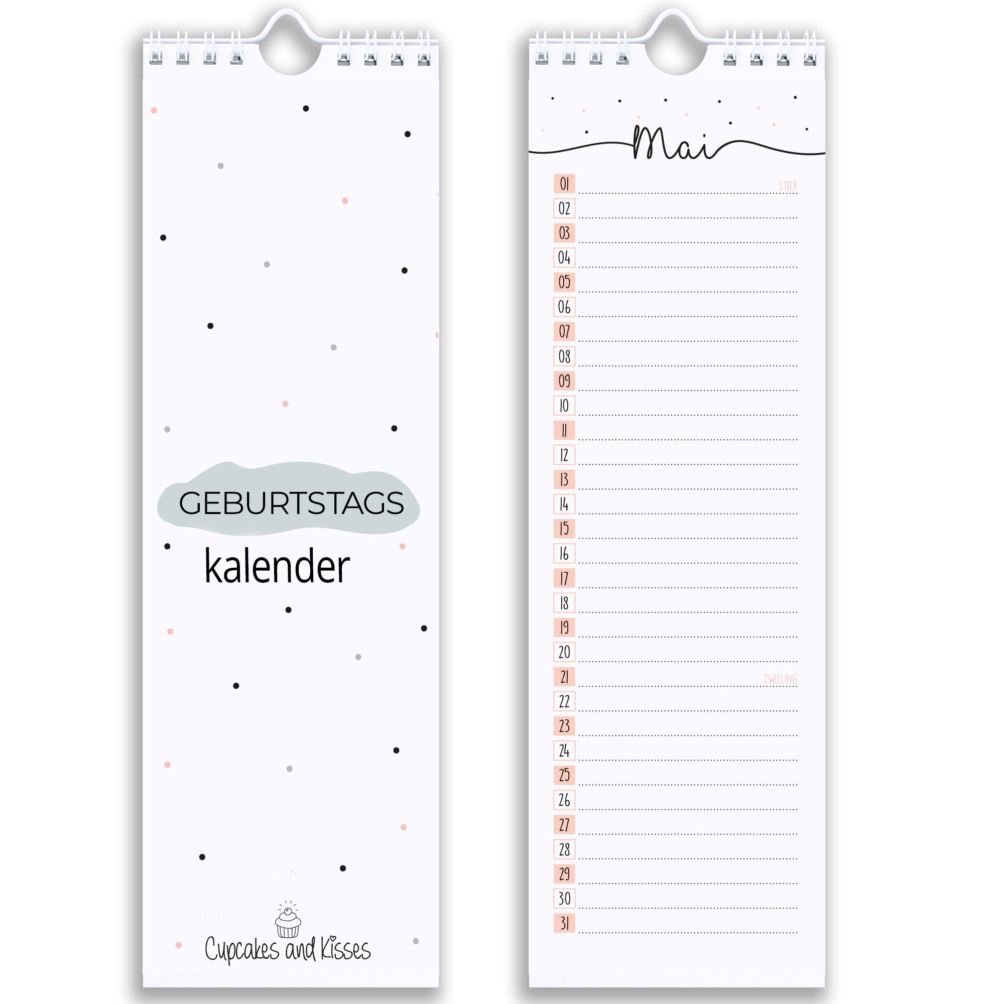 CUPCAKES & KISSES Geburtstagskalender Immerwährender Wandkalender