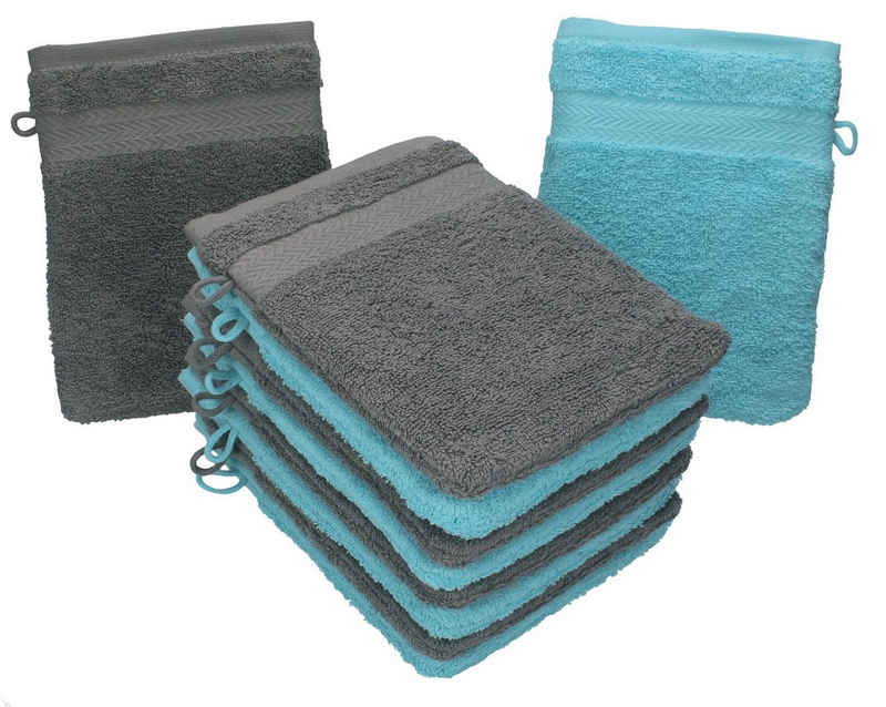 Betz Waschhandschuh 10 Stück Waschhandschuhe Premium 100% Baumwolle Waschlappen Set 16x21 cm Farbe anthrazit und türkis (10-tlg)