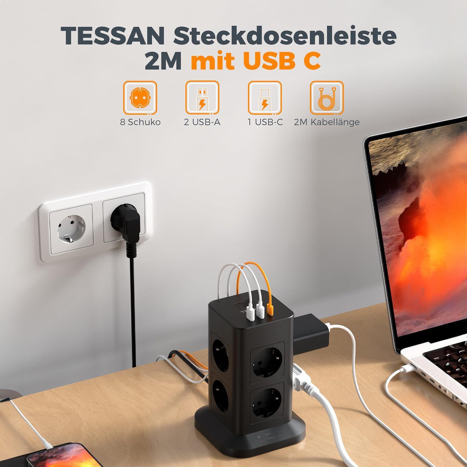 TESSAN 8 Fach Mehrfachsteckdose 3 USB(2USB,1 USB C) Steckdosenleiste Kabel 2m Mehrfachsteckdose (Ein- / Ausschalter, USB-Anschlüsse)