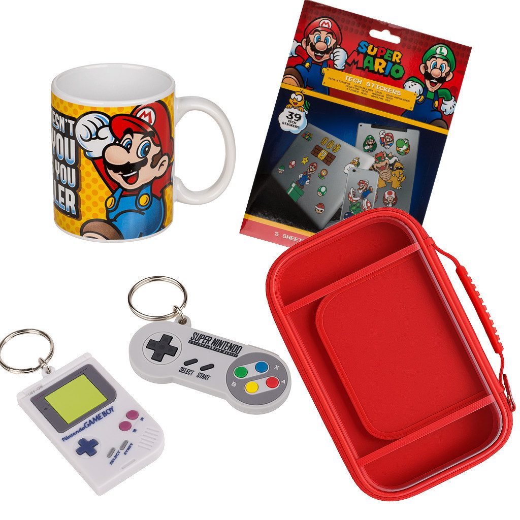 what the shop Geschenkset Super Mario–Tasse, Sticker, Anhänger & Switch 2 Case Zubehör Nintendo (Retro-Feeling für echte Gamer-Herzen)