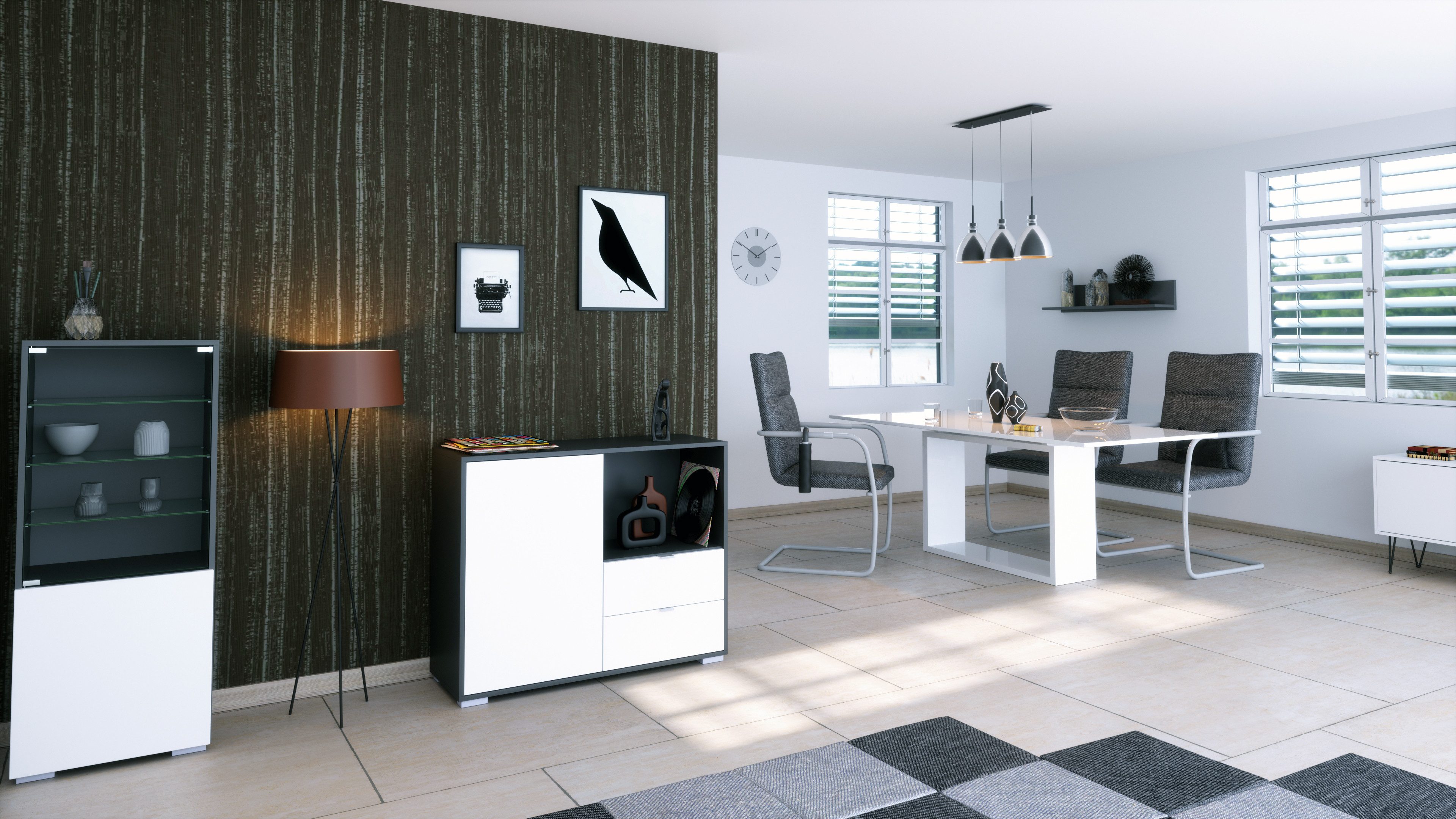 Vladon Kommode Milano (Kommode mit 1 Tür Weiß matt, 2 Schubladen Weiß matt, Made in Germany), Korpus Anthrazit matt (103 x 83 x 37 cm)