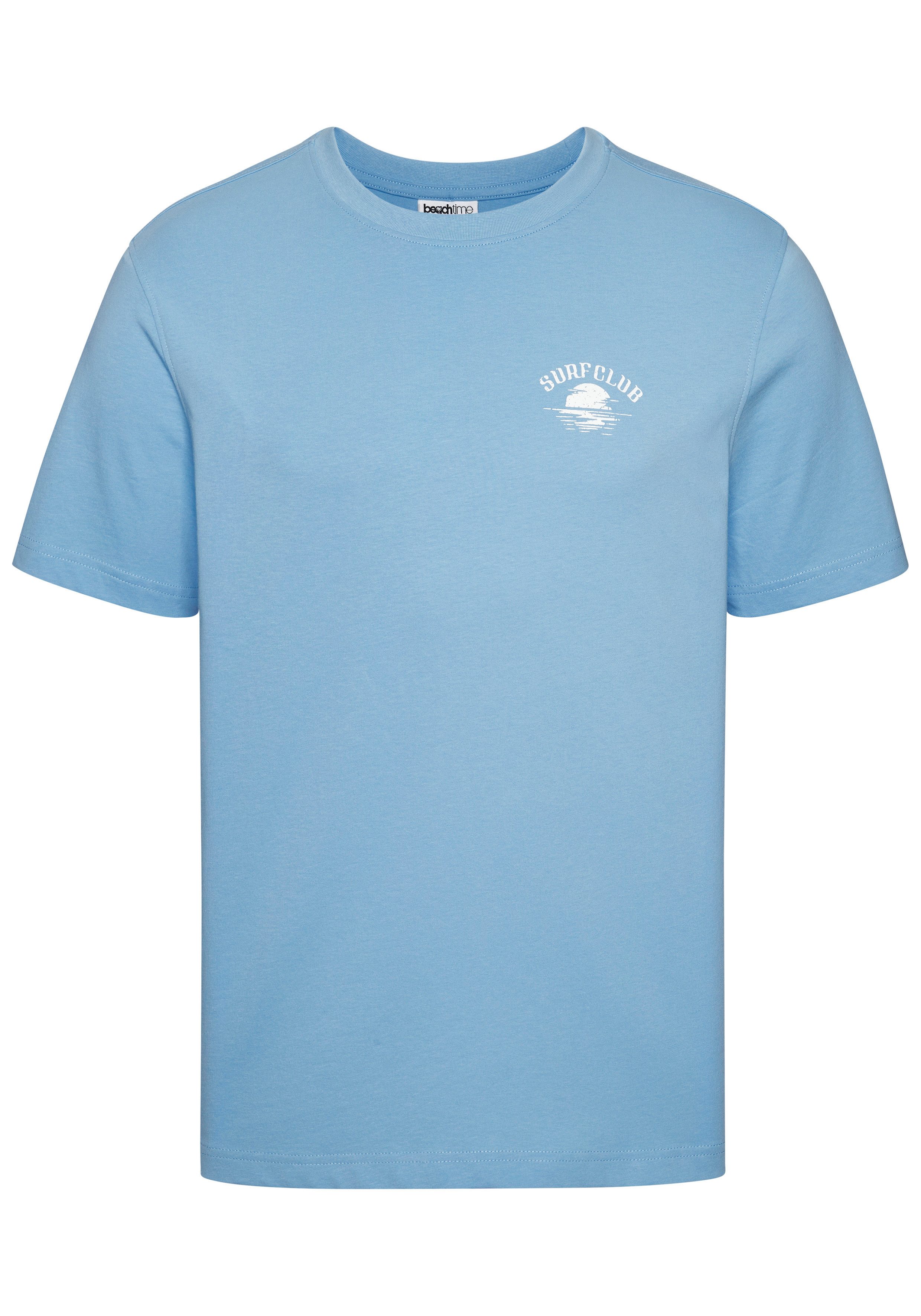 Beachtime T-Shirt, sommerliches Shirt mit modischem Surfer Print Regular-Fit, mit kleinem Print vorn und großem Print hinten