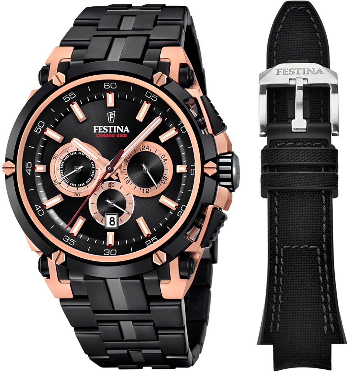 Festina Chronograph Festina Herren Uhr F20329/1 Edelstahl, Herren Armbanduhr  rund, Edelstahlarmband schwarz