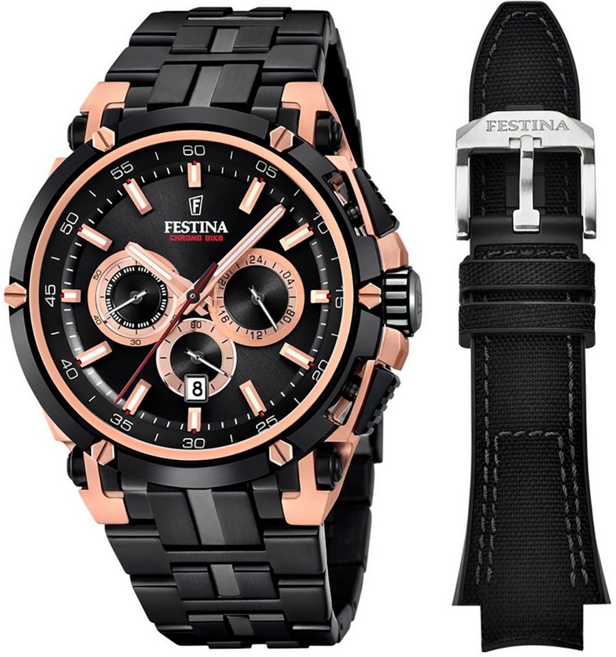 Festina Chronograph Festina Herren Uhr F20329/1 Edelstahl, Herren  Armbanduhr rund, Edelstahlarmband schwarz, Leuchtzeiger