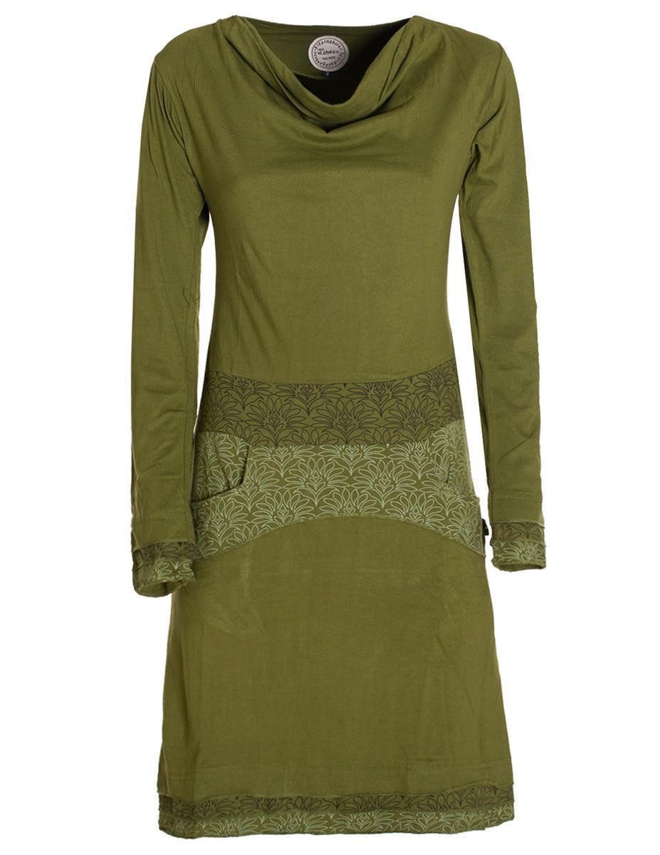 Jerseykleid Kleid Wasserfallkragen Bund bedruckt Taschen