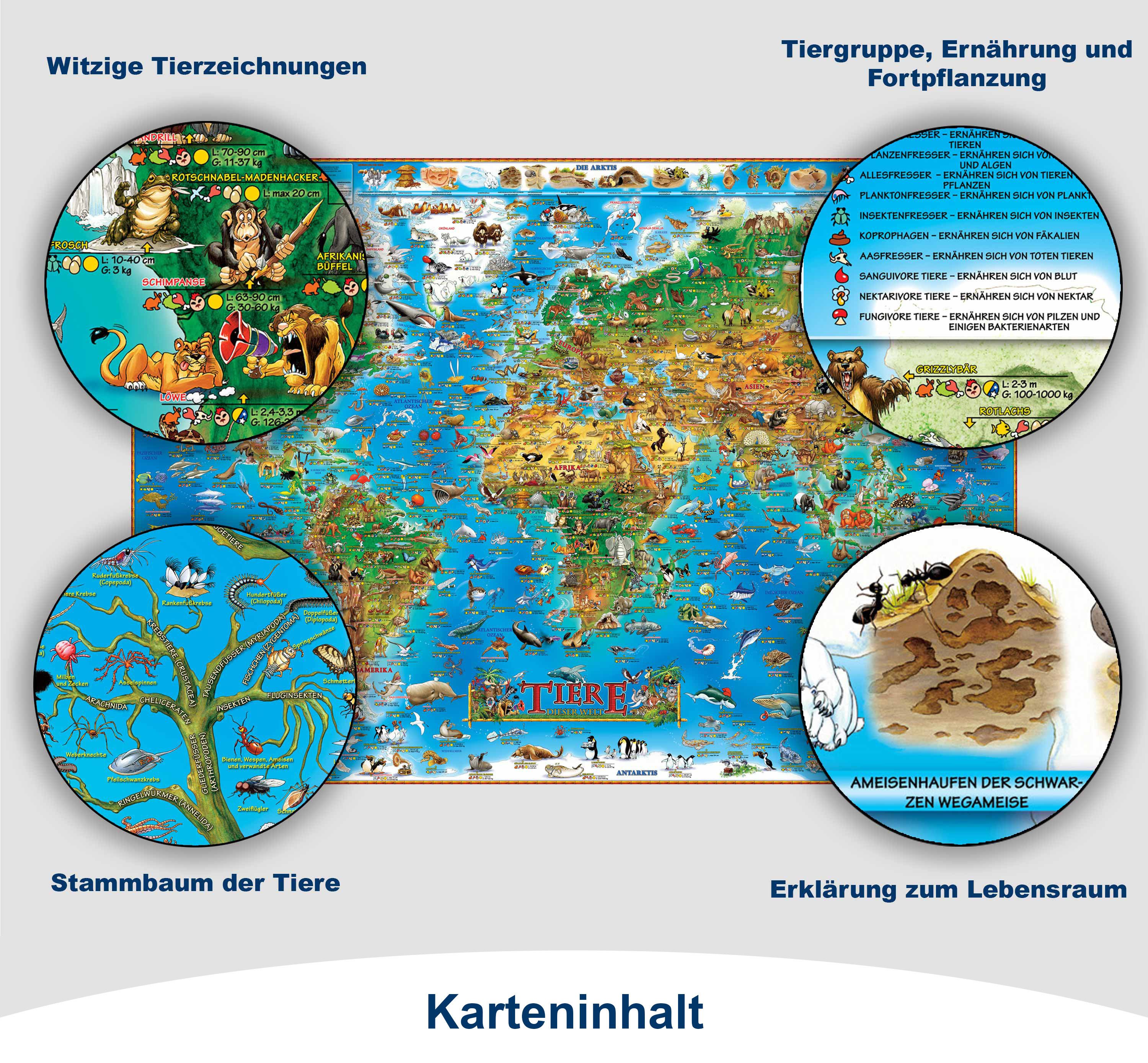 Interkart Landkarten & Globen GmbH Poster Kinder Weltkarte mit Tieren - Deutsch - Beschichtet- XXL