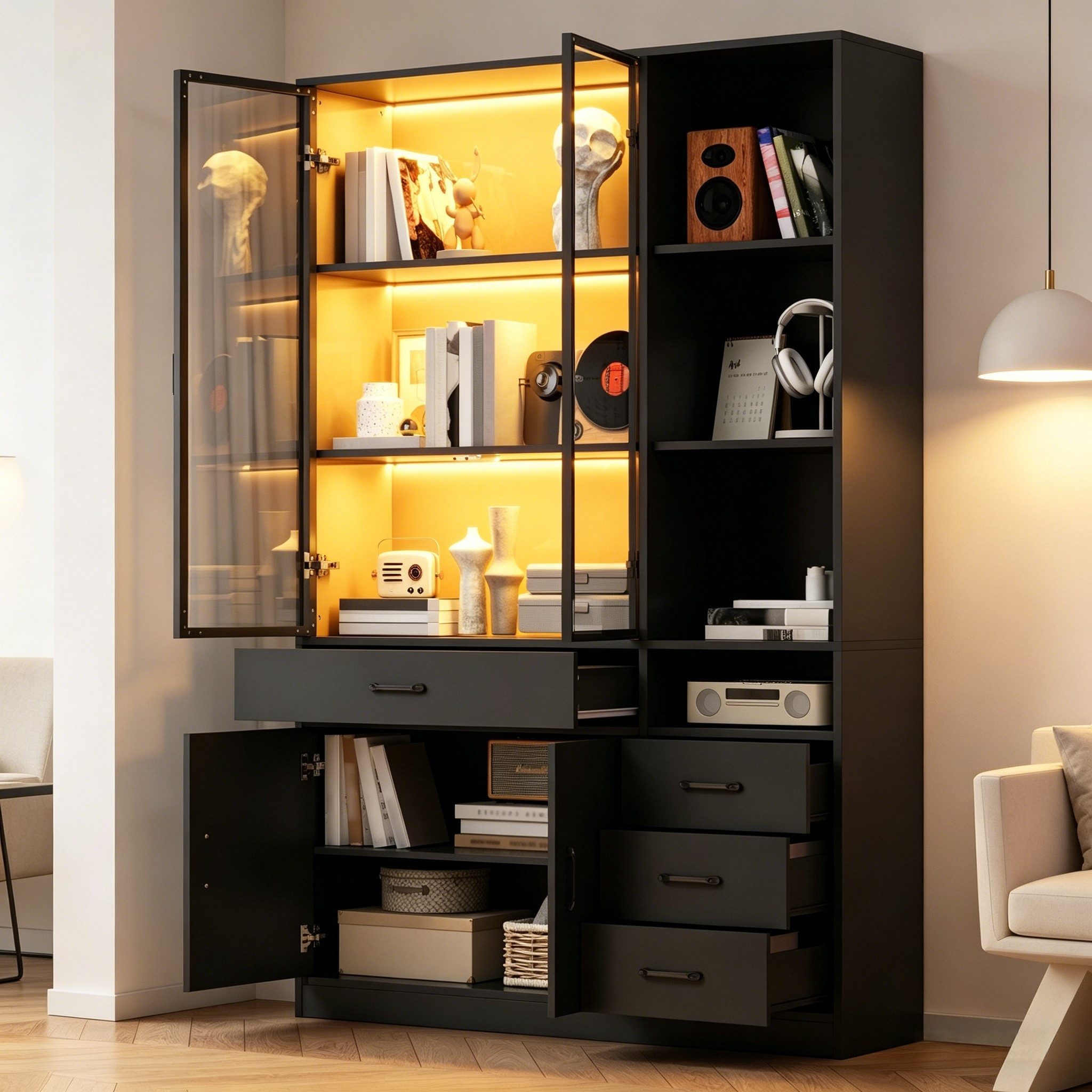 STILVORA Vitrine Schwarz Aufbewahrungsschrank Highboard mit Glasvitrine Bücherschrank (LED-Beleuchtung, Glasvitrine, 120×35×200cm, Mit 4 Schubladen, 13 Fächern, robustes Partikelholz) Für Wohnzimmer, Esszimmer, Büro und Flur geeignet