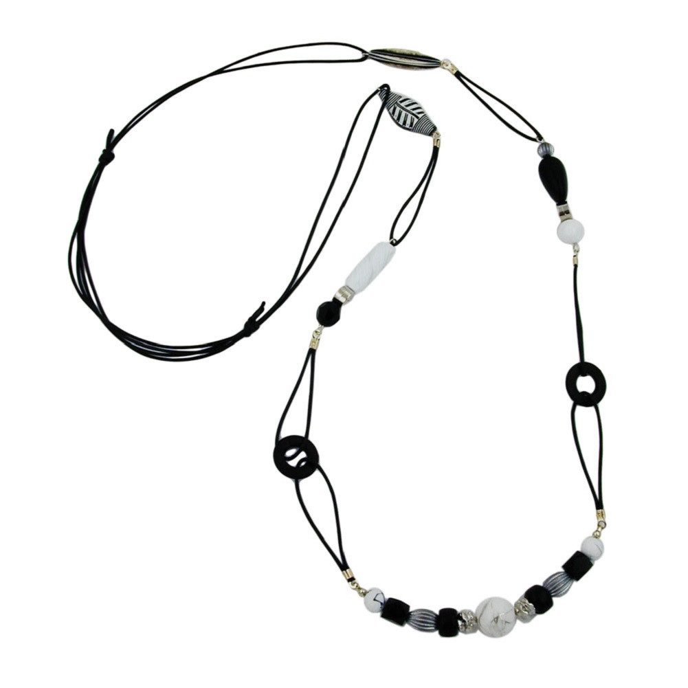 Collier Kette Kunststoffperlen schwarz-weiß Kordel schwarz 105 cm