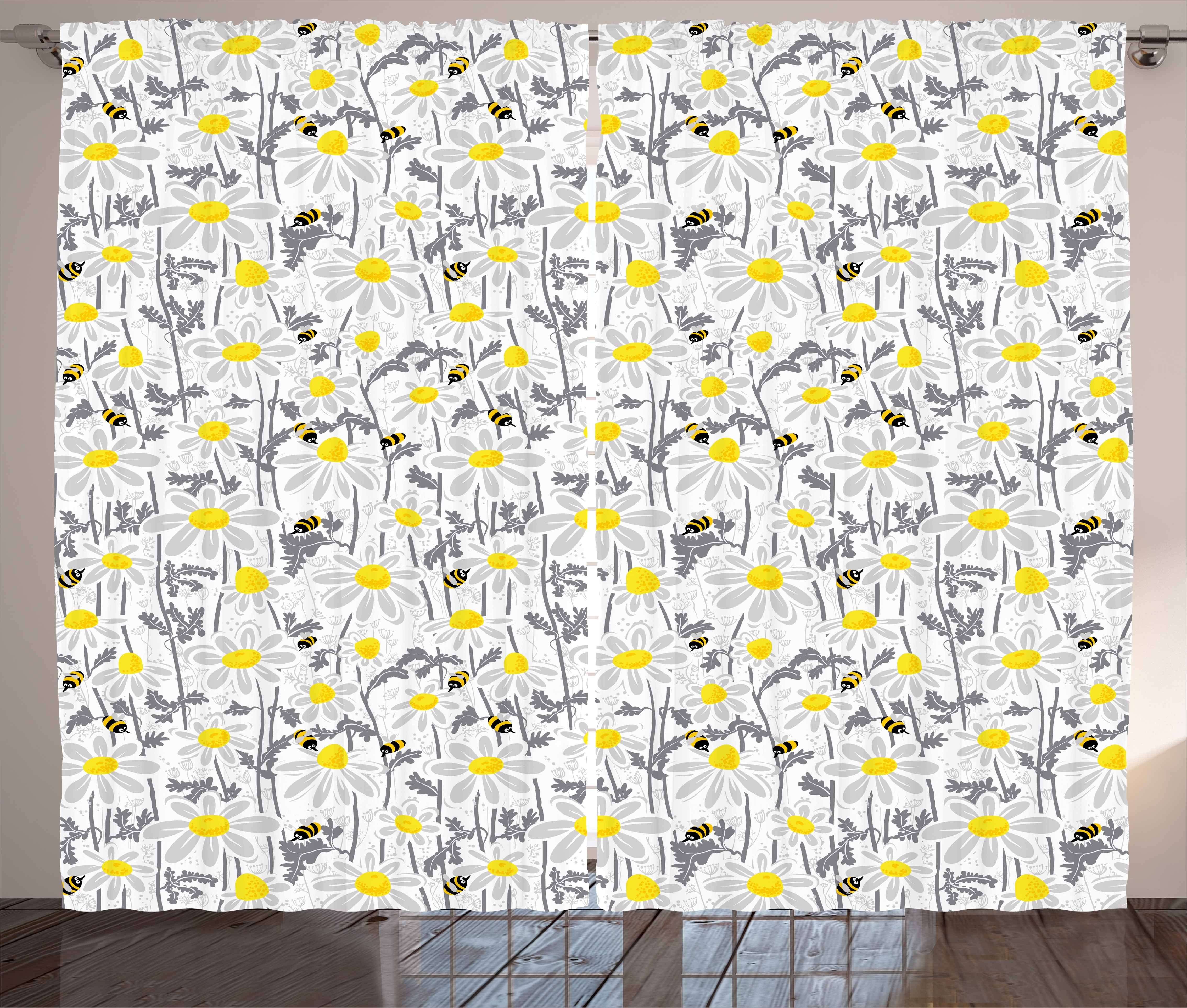 Gardine Schlafzimmer Kräuselband Gelb Kamille mit Schlaufen Wiese und Bienen Vorhang Abakuhaus, Haken