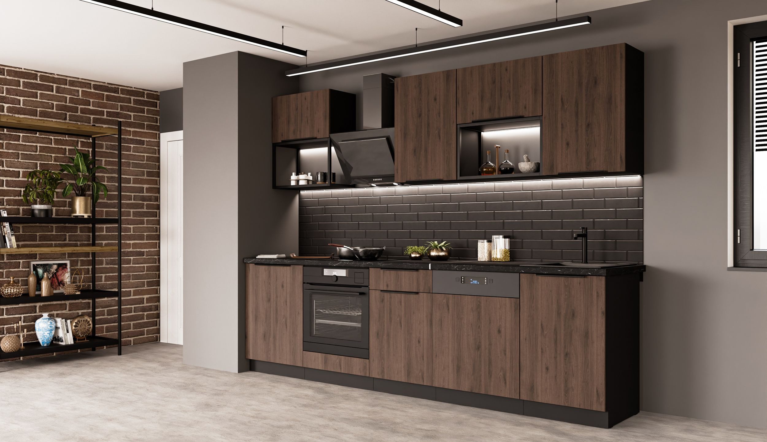 Küchen-Preisbombe Küchenzeile MONZA BASIC LOFT 280 cm Küchenblock Küche Einbauküche Nussbaum Schwarz