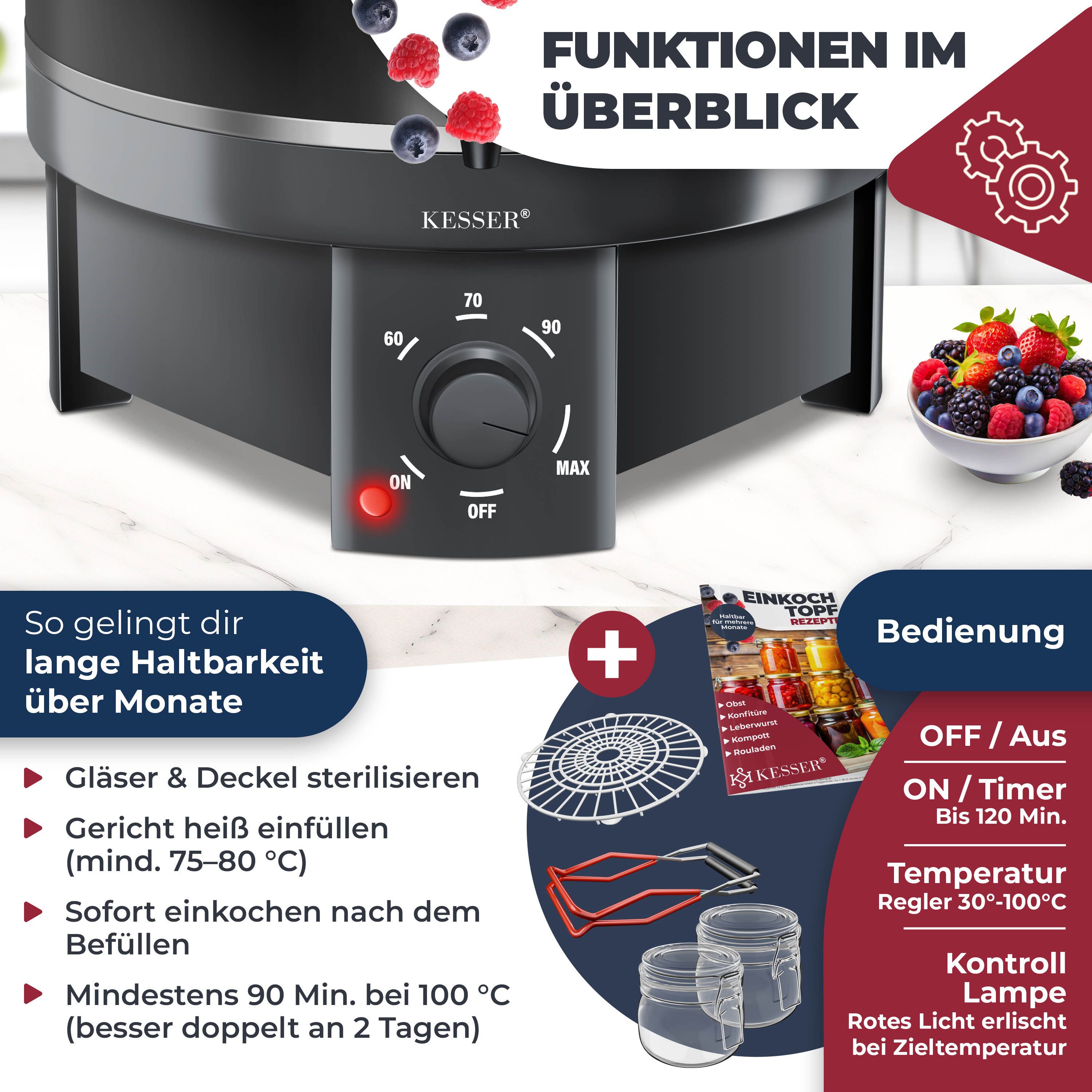 KESSER Heißgetränke- und Glühweinautomat Einkochautomat Edelstahl Heißgetränkeautomat 30-100°C, Glühweinkocher Dauerbetrieb & Abschaltautomatik inkl Zange & 2 Gläsern