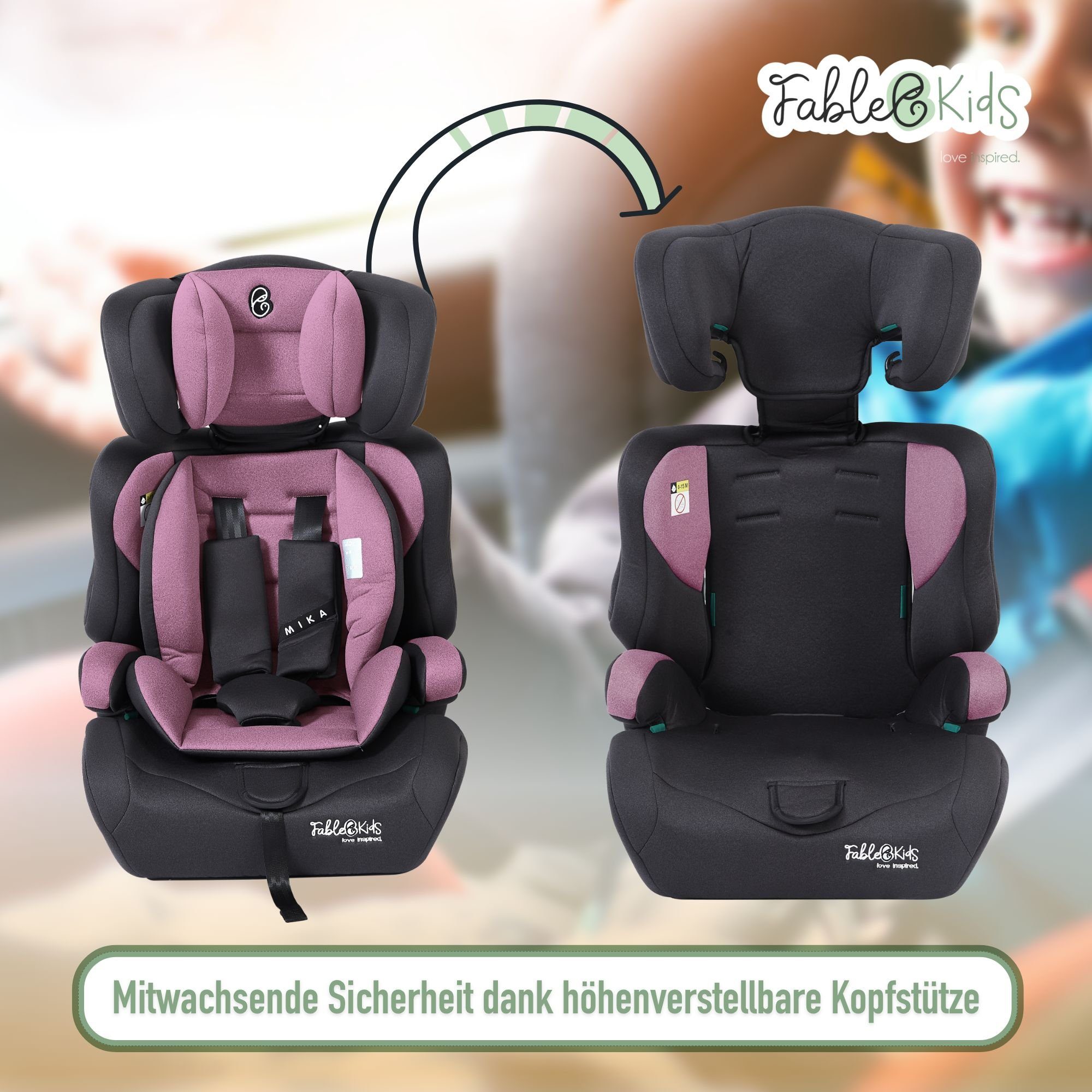 FableKids Autokindersitz Sitzerhöhung i-Size 76–150 cm, vorwärtsgerichtet, 3-Punkt-Gurt, ab: 15 Monaten, bis: 12 Jahre, Pflegeleicht: Bezug abnehmbar und waschbar