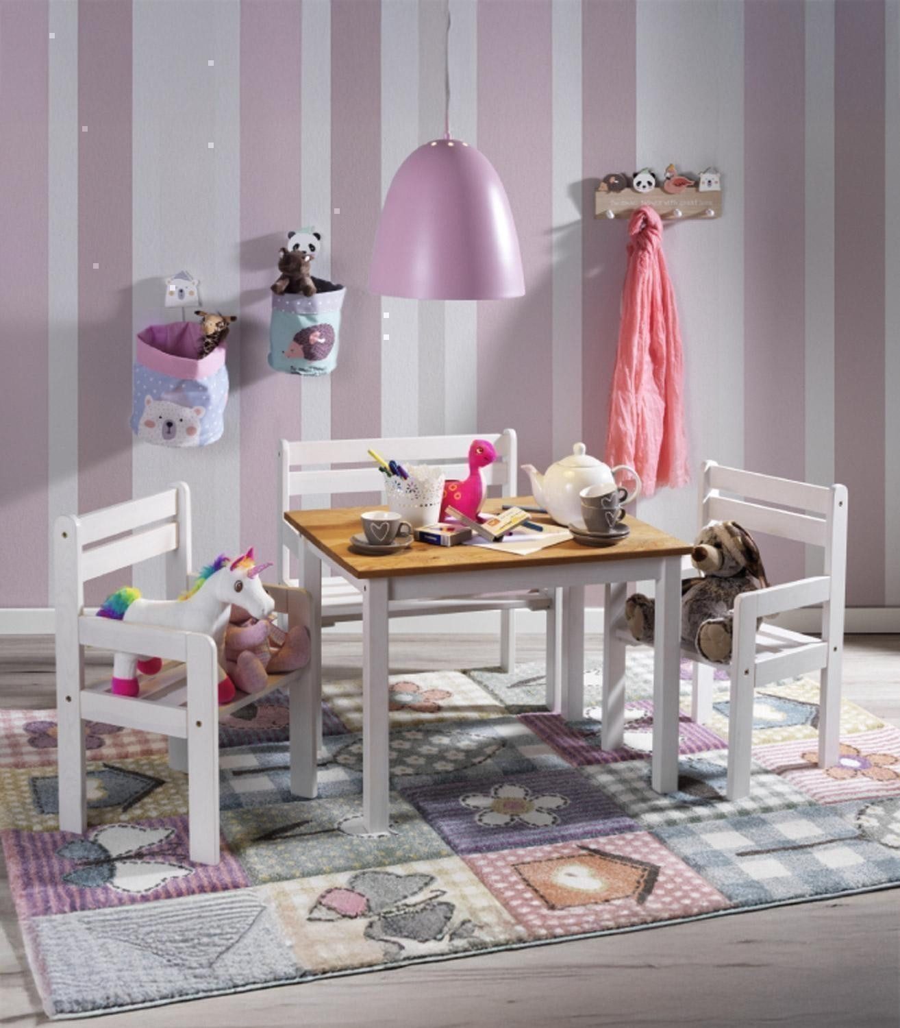 Home4You Kindersitzgruppe, Kiefernholz massiv, (4-tlg), mit 1 Tisch, 1 Sitzbank und 2 Stühlen
