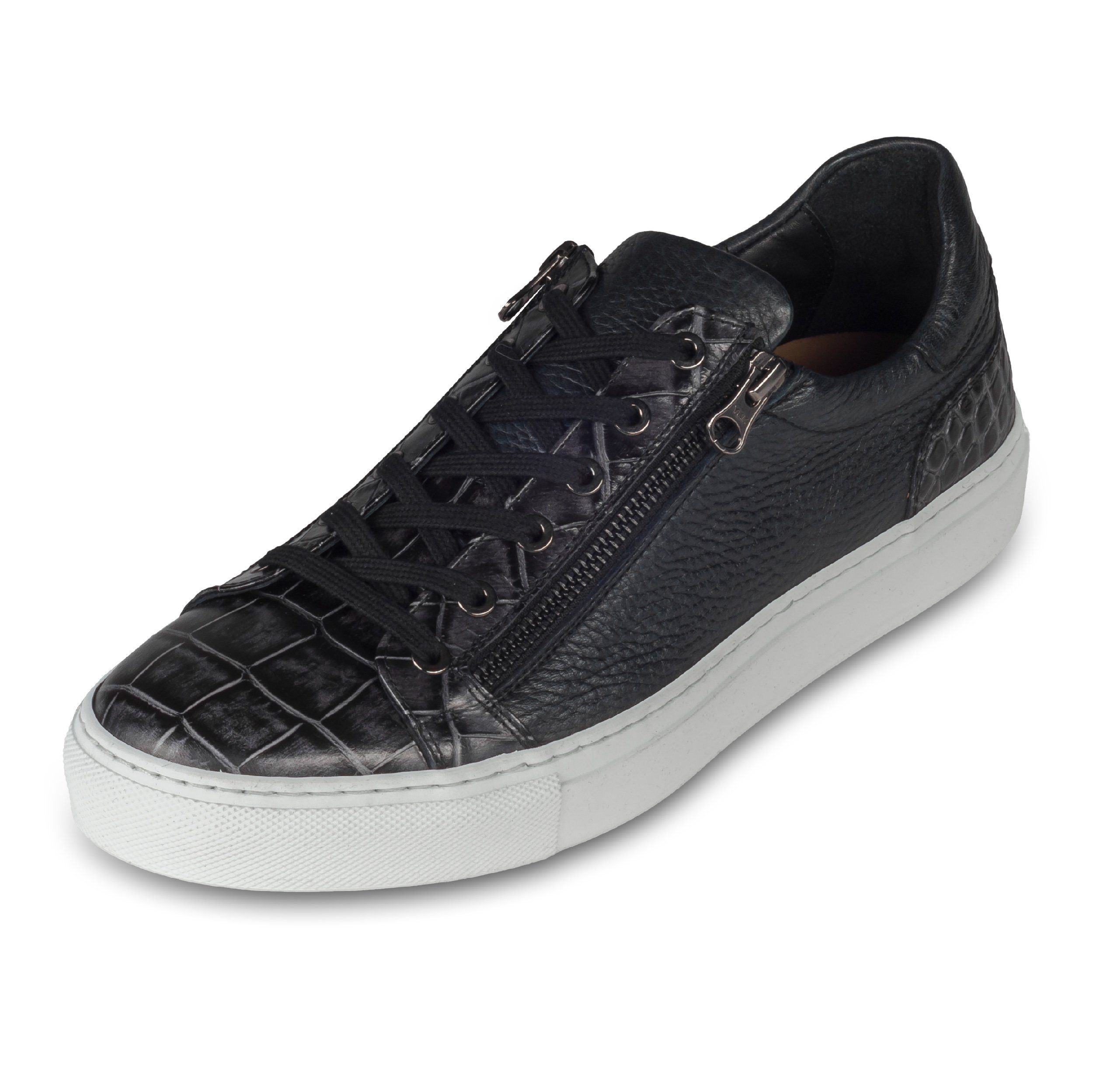 Lorenzi Herren Leder Sneaker schwarz, in KrokoOptik, mit weißer Sohle Sneaker Handgefertigt in
