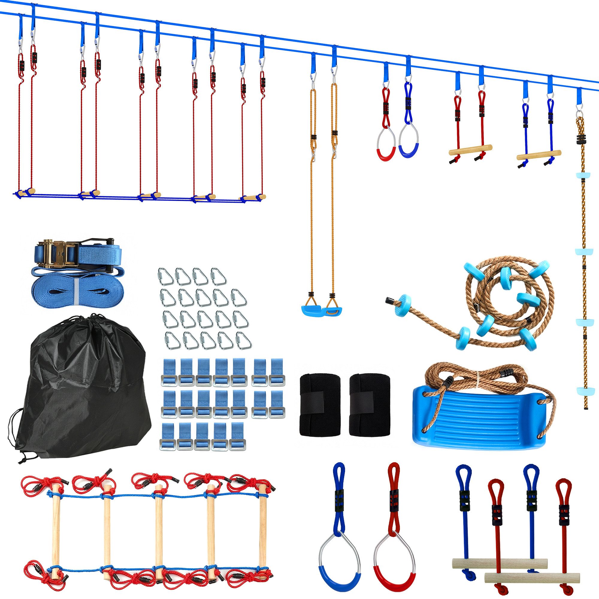 AIYAPLAY Slackline 24 m Ninja Line Kinder mit Turnringe 7 Hindernissen Kletterstange, für 3-6 Jahre Kinder Rot+Blau